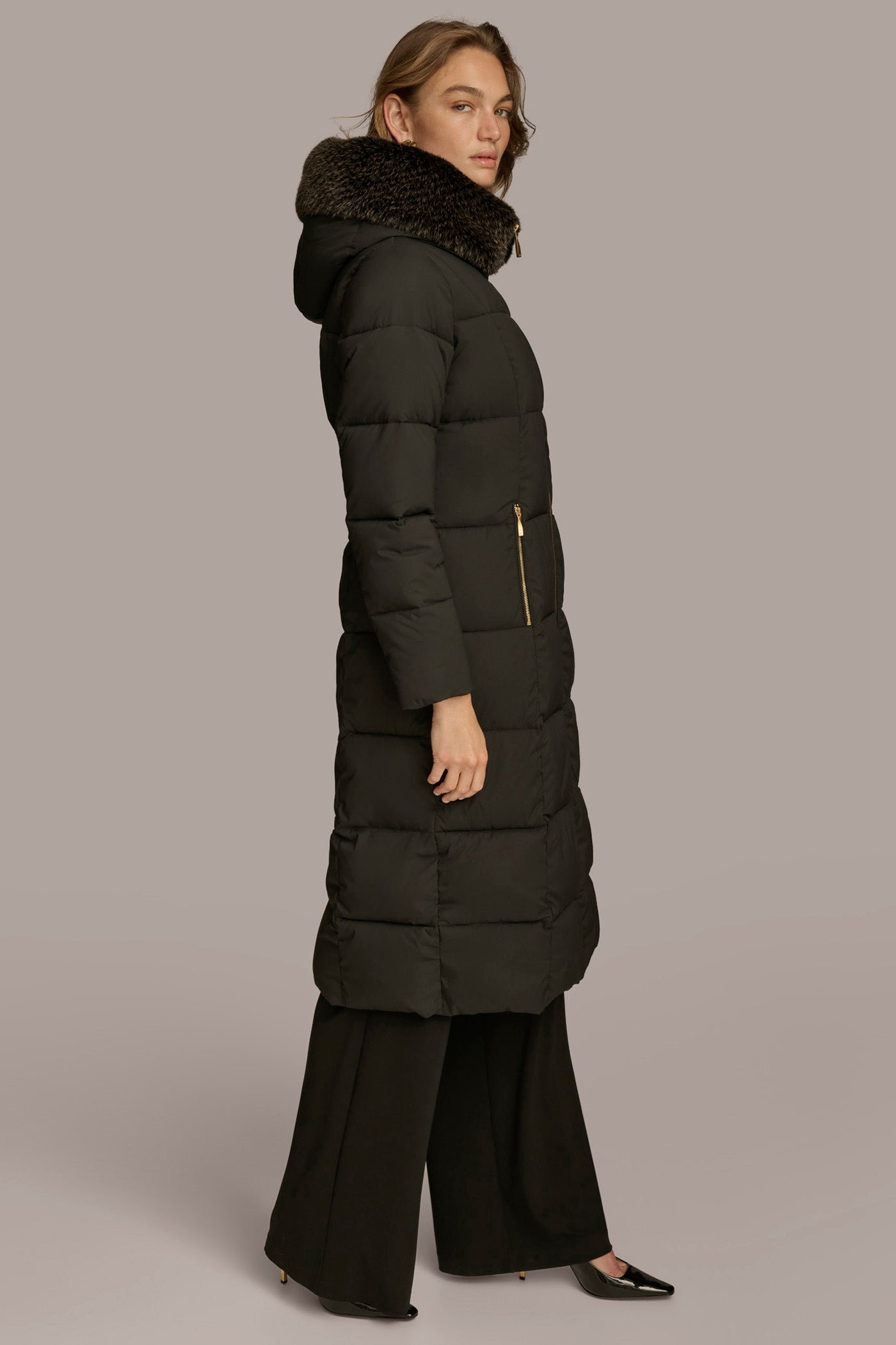 Long Hooded Puffer Coat with Faux Fur Trim VIEW 3 Long Hooded Puffer Coat with Faux Fur Trim VIEW 3