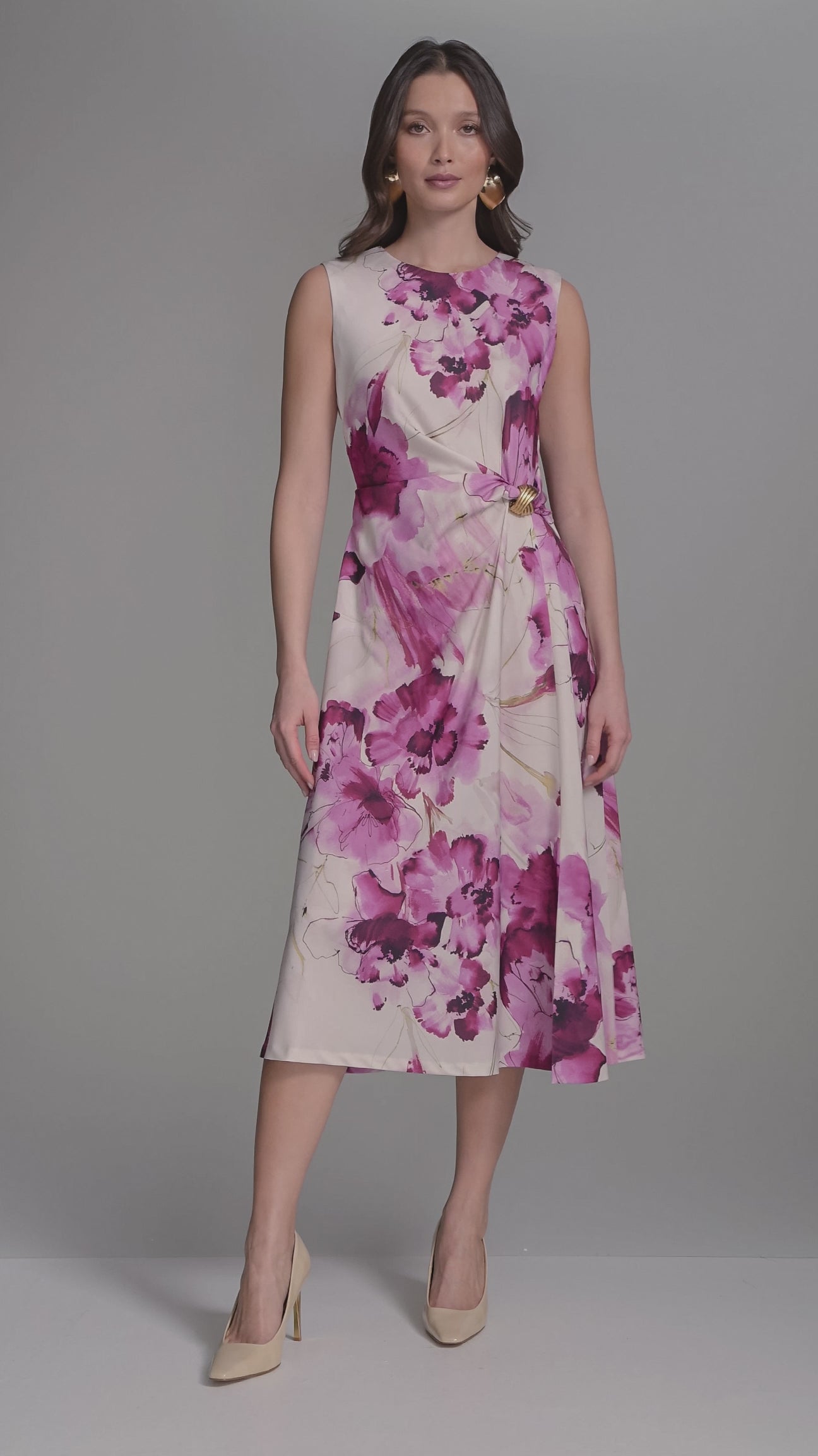 Floral Satin Gathered A Line Dress | Donna Karan