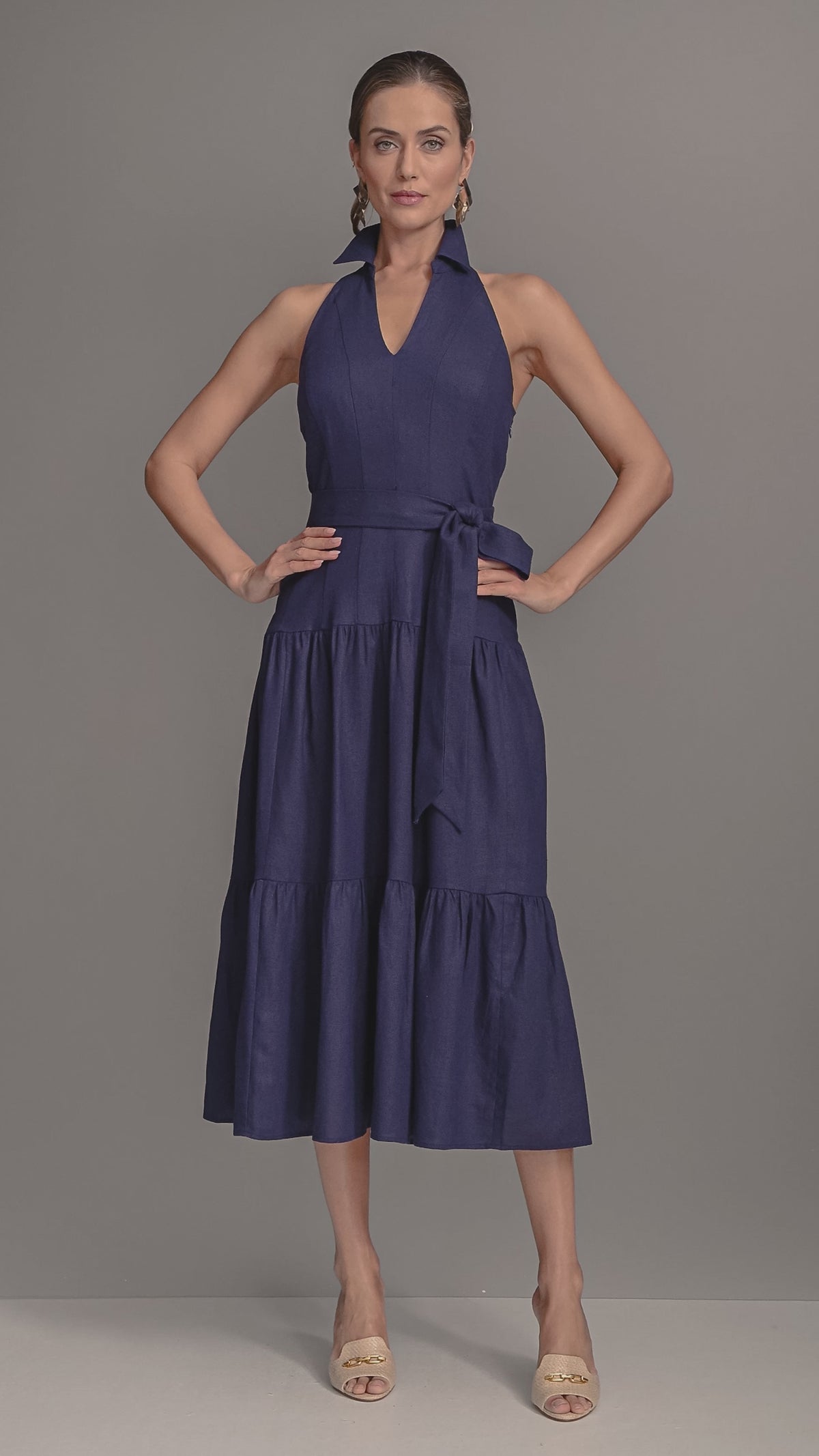 Linen Blend Halter Midi Dress | Fit and Flare
