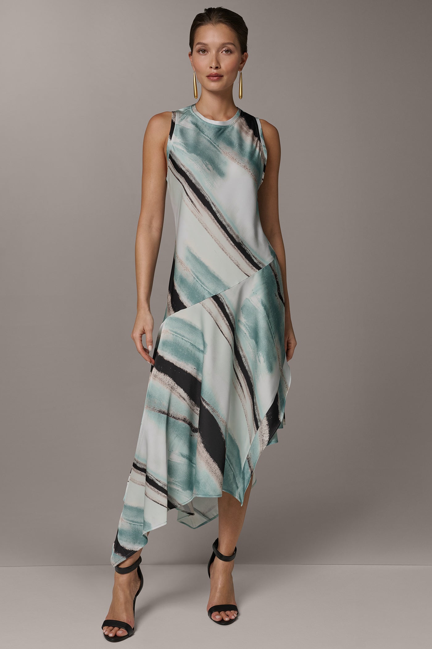 ASYMMETRIC PRINTED MIDI FIT AND FLARE DRESS | View 1 | New clothing