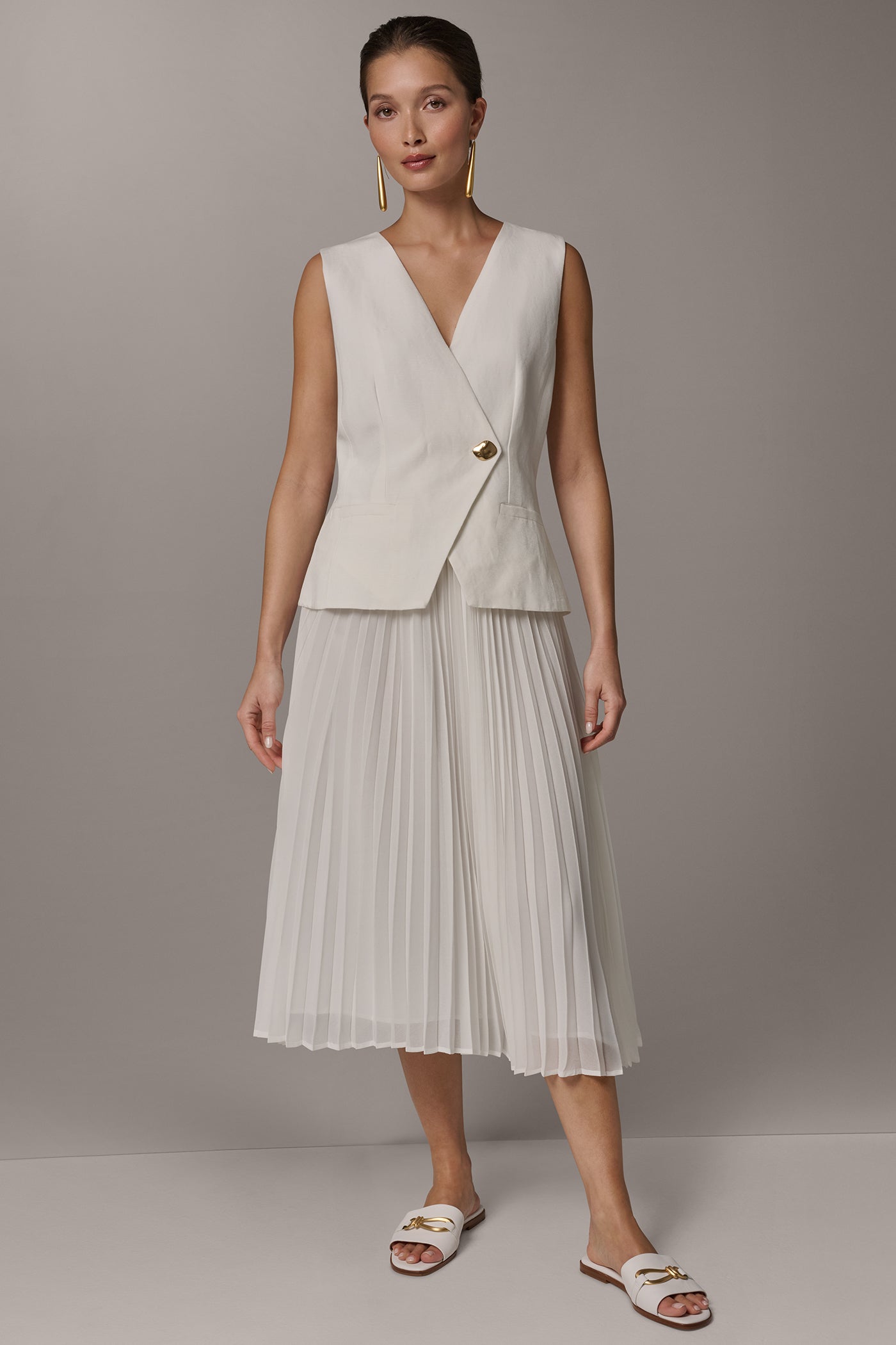 LINEN-BLEND MIXED MEDIA MIDI FIT AND FLARE DRESS | View 1 | Dresses & Jumpsuits