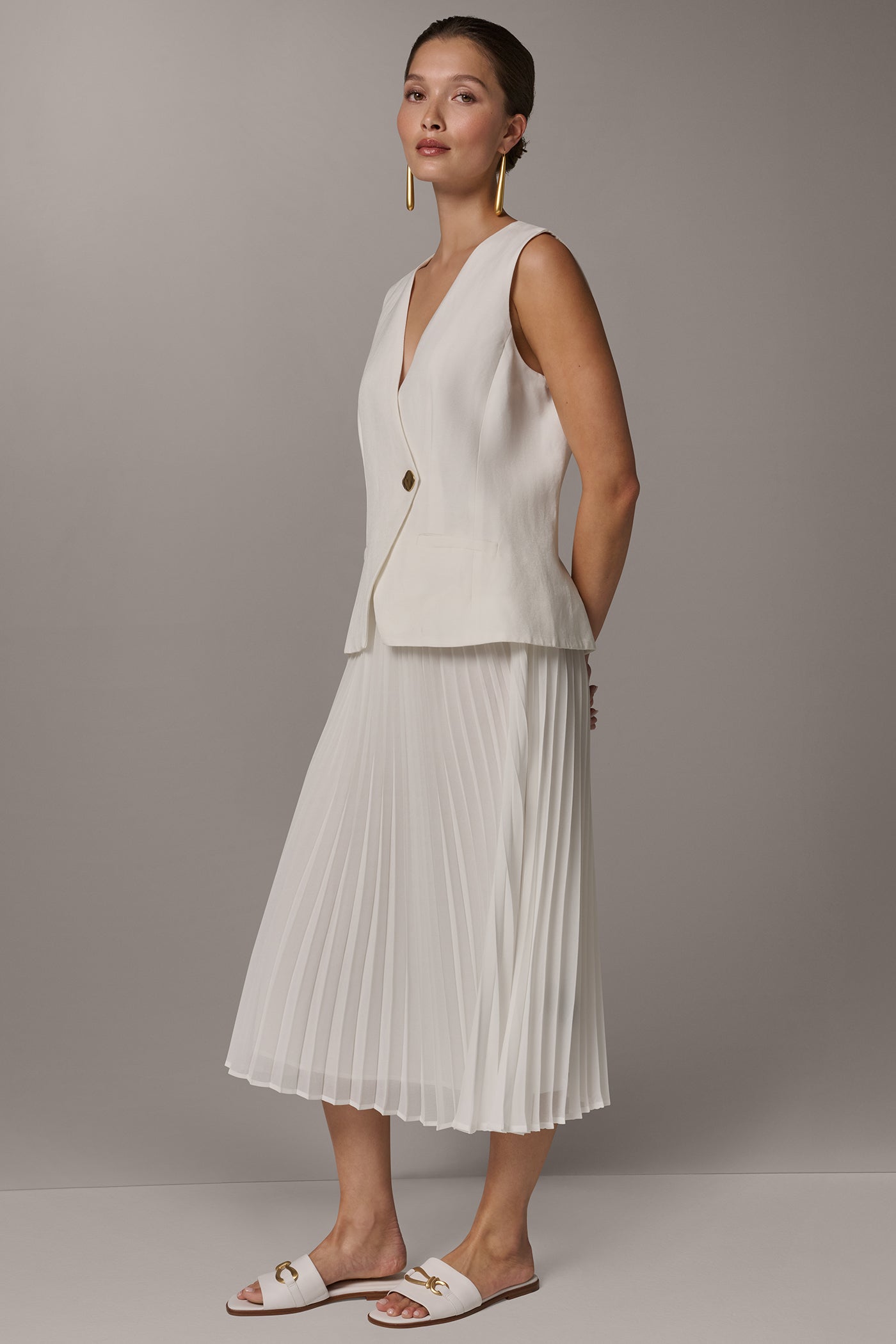 LINEN-BLEND MIXED MEDIA MIDI FIT AND FLARE DRESS VIEW 3 | Dresses & Jumpsuits