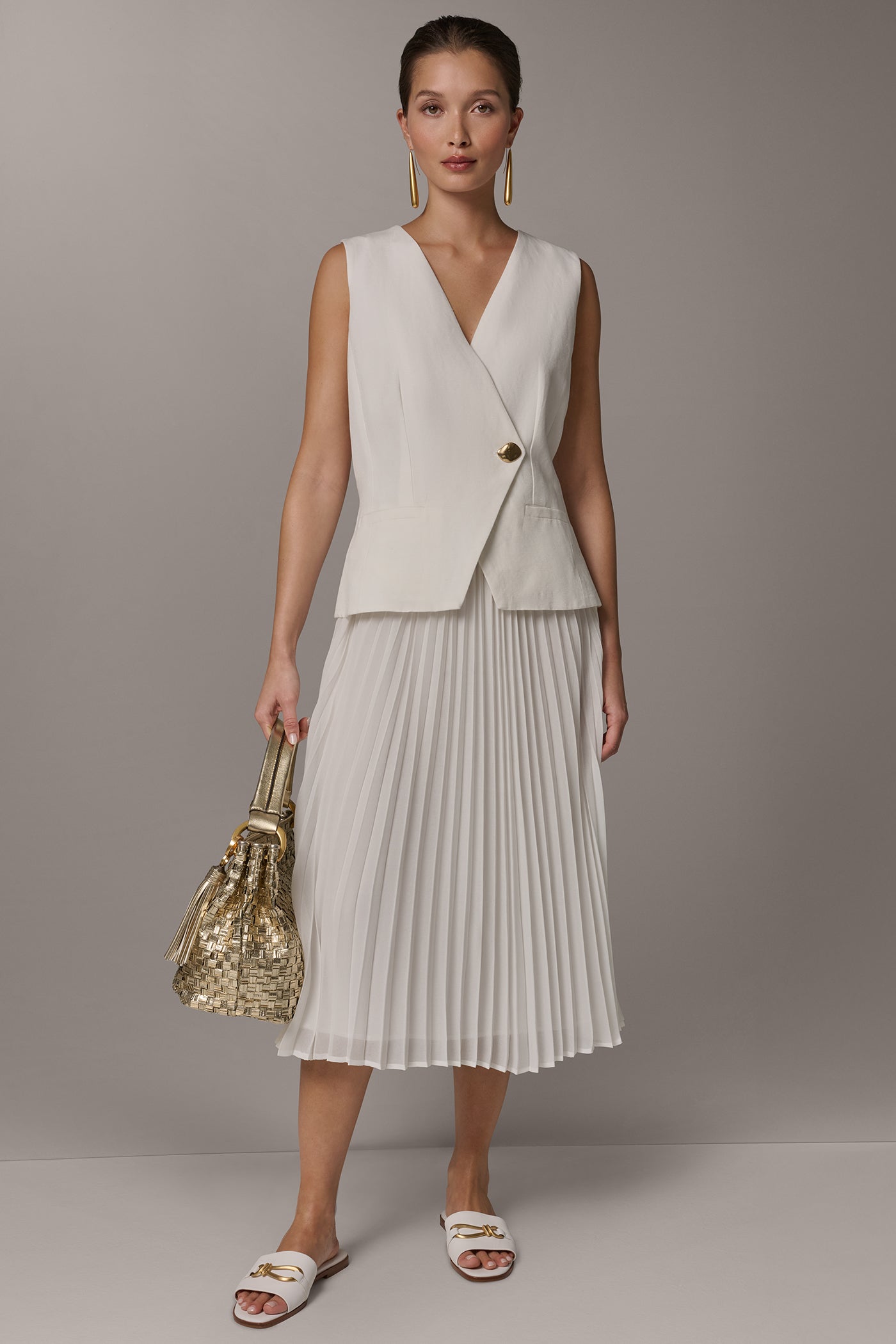 LINEN-BLEND MIXED MEDIA MIDI FIT AND FLARE DRESS VIEW 8 | Dresses & Jumpsuits