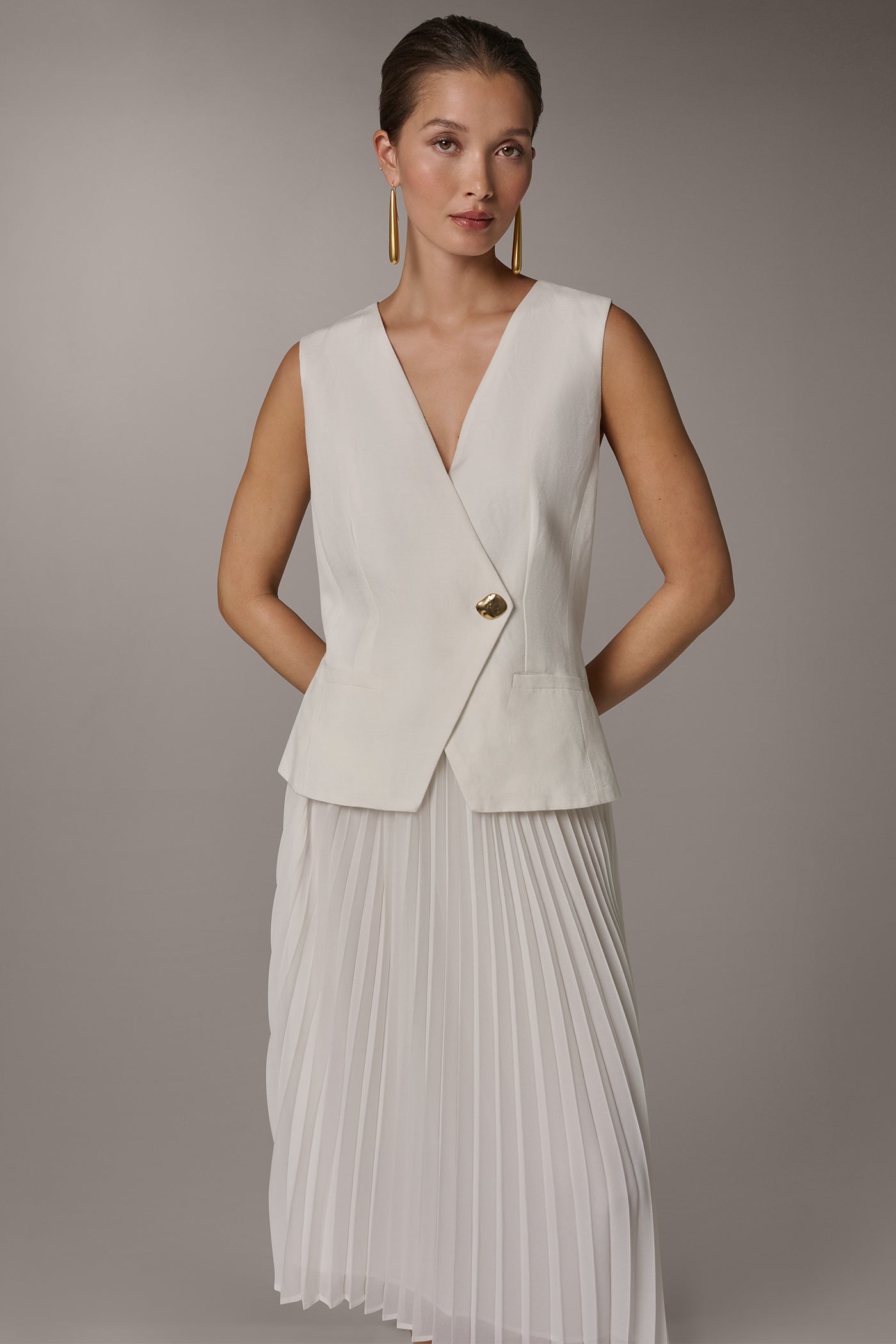 Donna Karan New York Women's Sleeveless V-Neck Vest And Pleated Skirt, 2-Piece Set Dress - Cream - Size 16 Donna Karan New York Women's Sleeveless V-Neck Vest And Pleated Skirt, 2-Piece Set Dress - Cream - Size 16