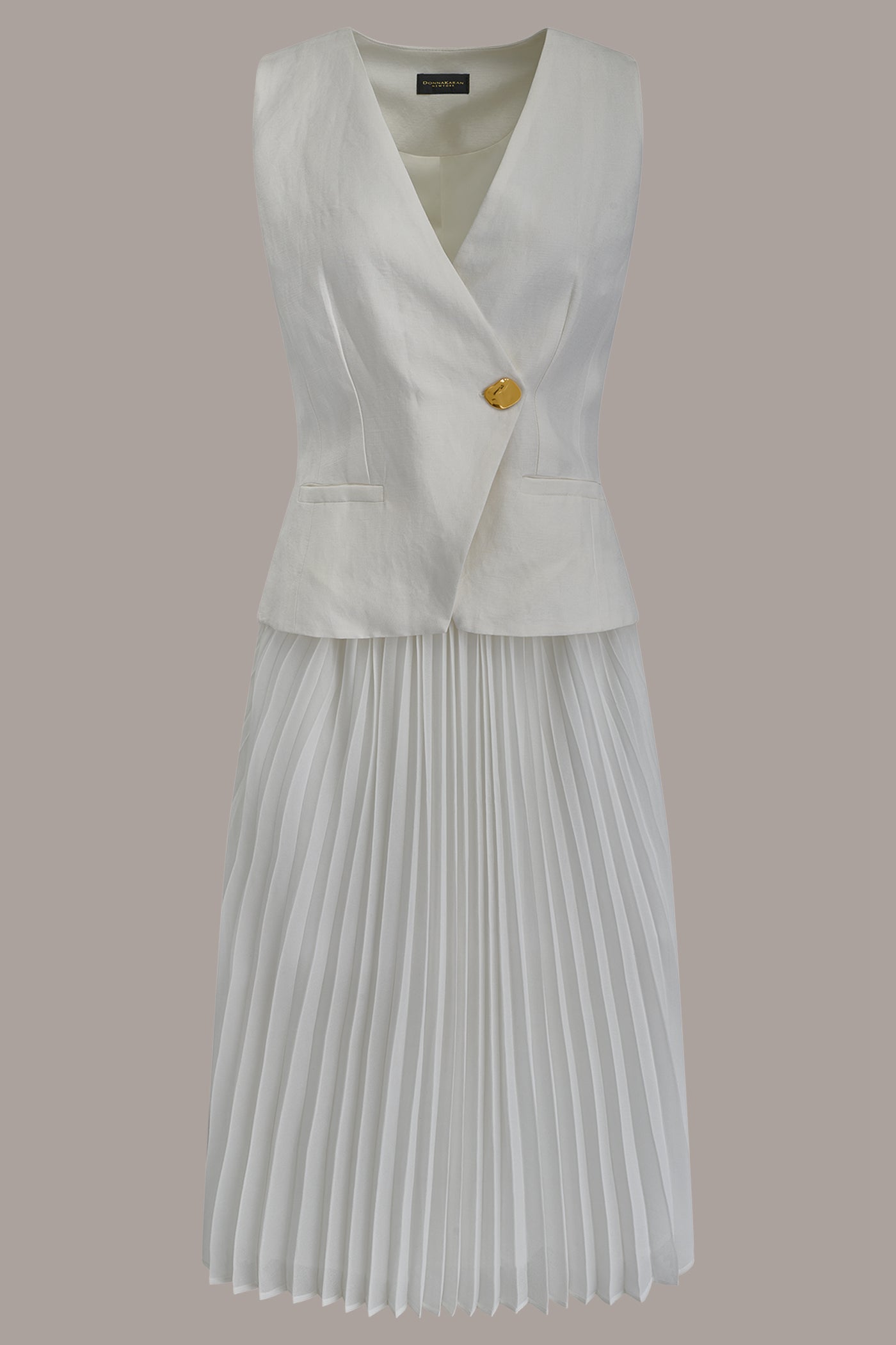 LINEN-BLEND MIXED MEDIA MIDI FIT AND FLARE DRESS VIEW 10