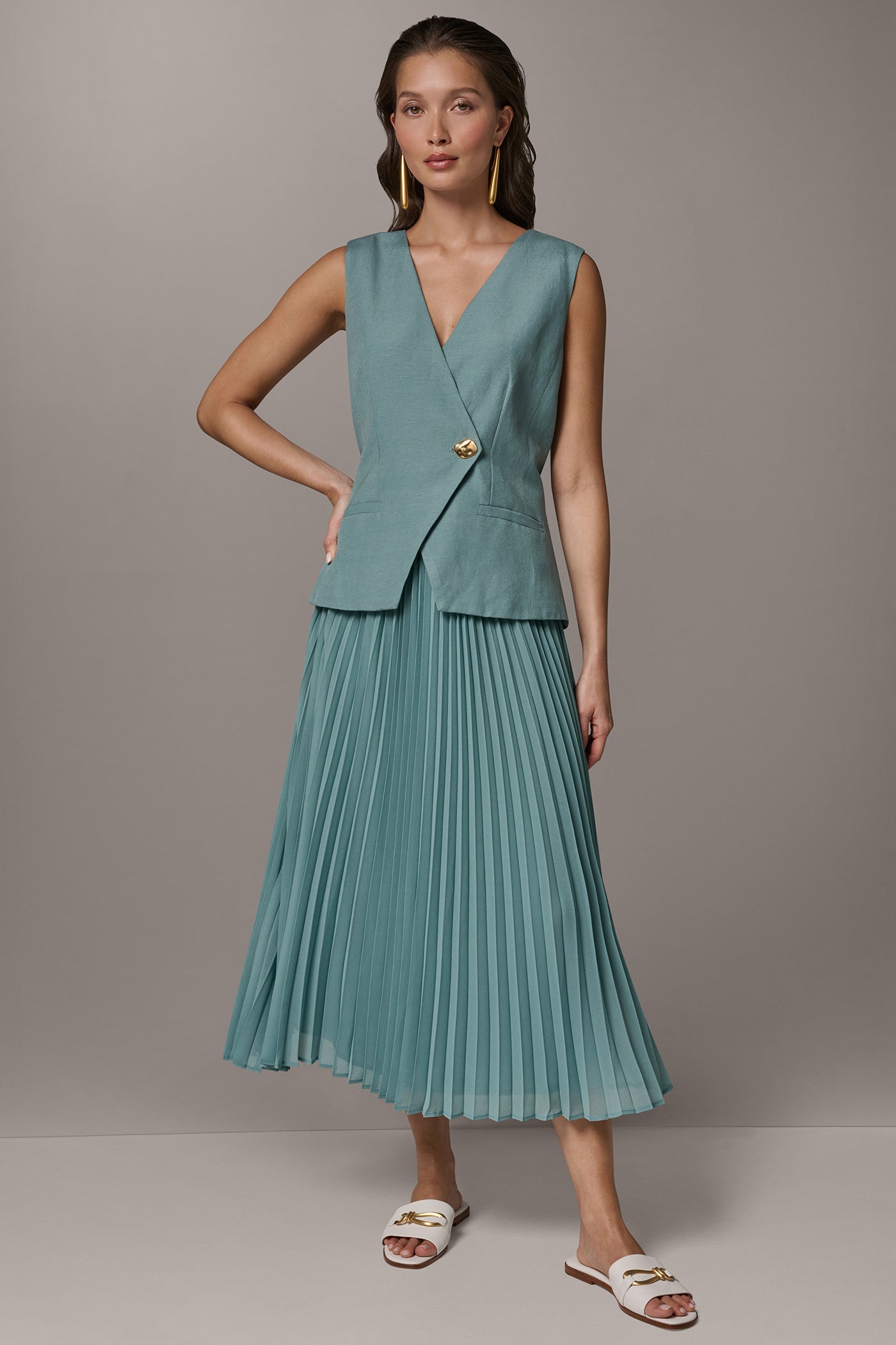 LINEN-BLEND MIXED MEDIA MIDI FIT AND FLARE DRESS | View 1 | Dresses & Jumpsuits