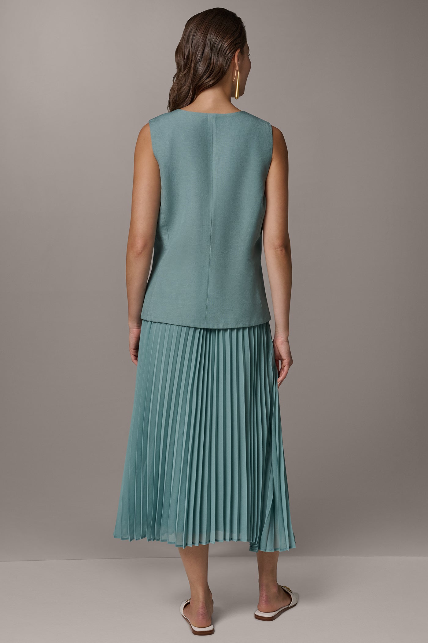 LINEN-BLEND MIXED MEDIA MIDI FIT AND FLARE DRESS | View 2 | Dresses & Jumpsuits