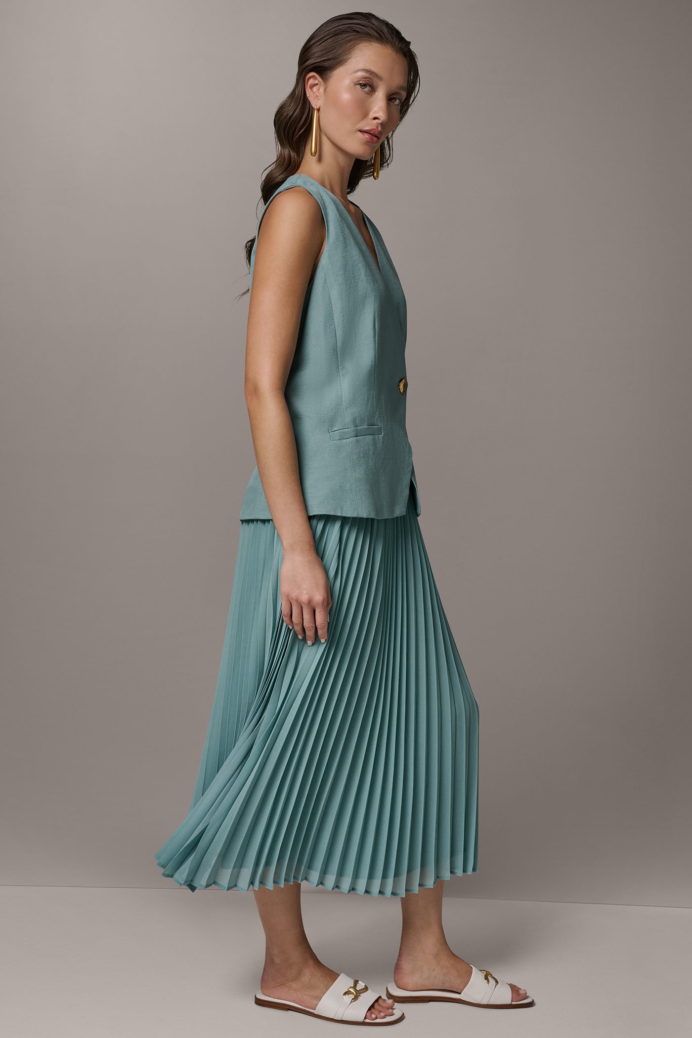 LINEN-BLEND MIXED MEDIA MIDI FIT AND FLARE DRESS VIEW 3 | Dresses & Jumpsuits