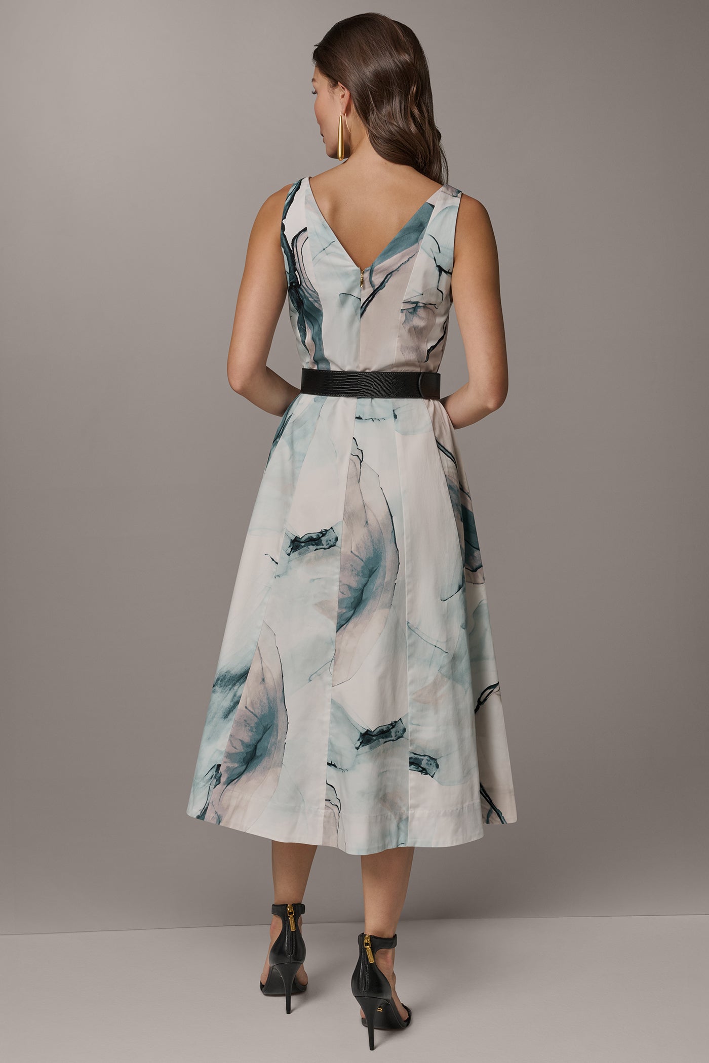 STRETCH-COTTON PRINTED MIDI FIT AND FLARE DRESS | View 2 | New clothing