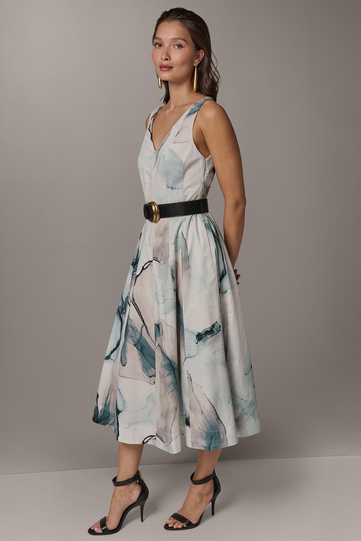 STRETCH-COTTON PRINTED MIDI FIT AND FLARE DRESS VIEW 3 | New clothing