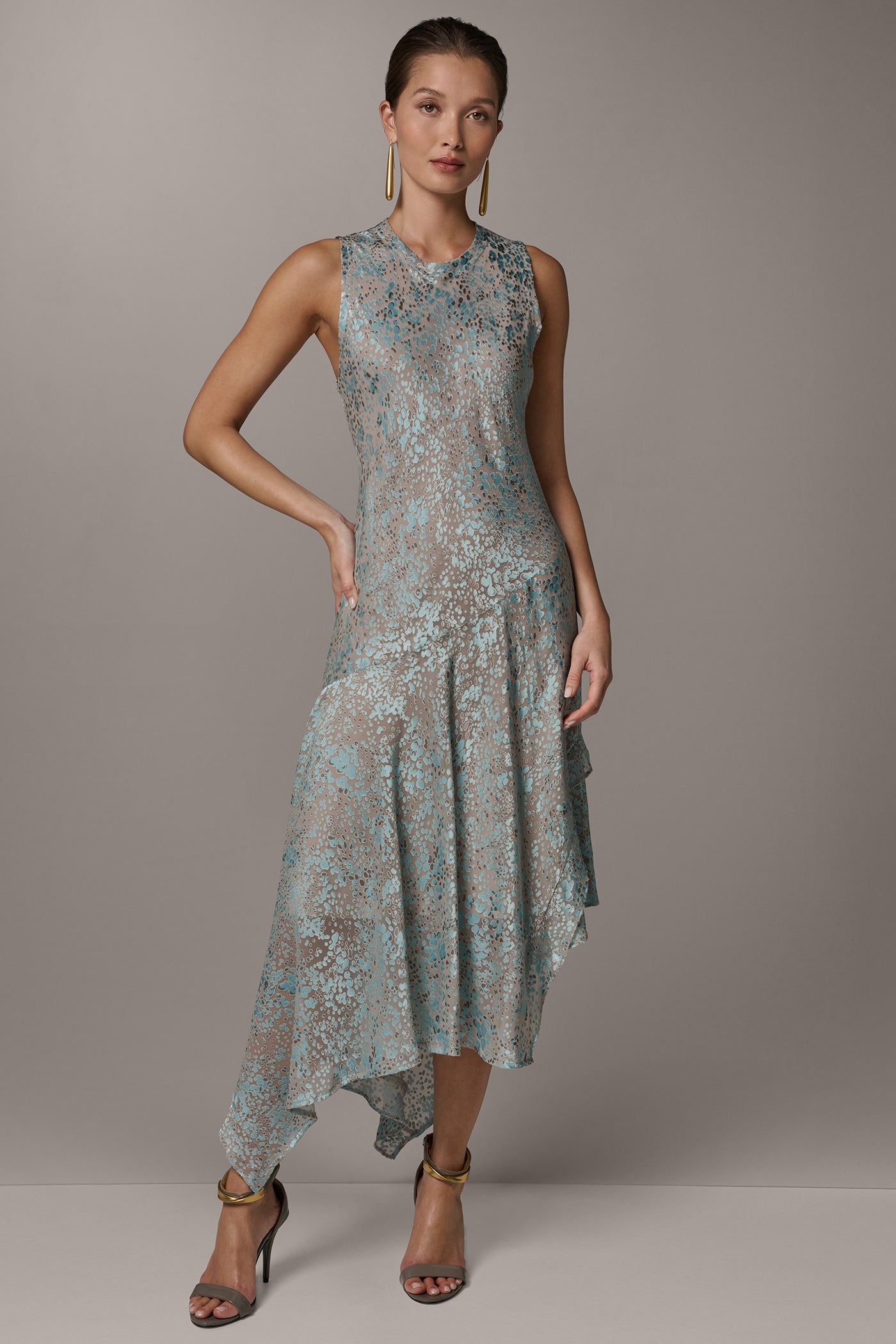 ASYMMETRIC BURNOUT MIDI FIT AND FLARE DRESS | View 1 | New clothing