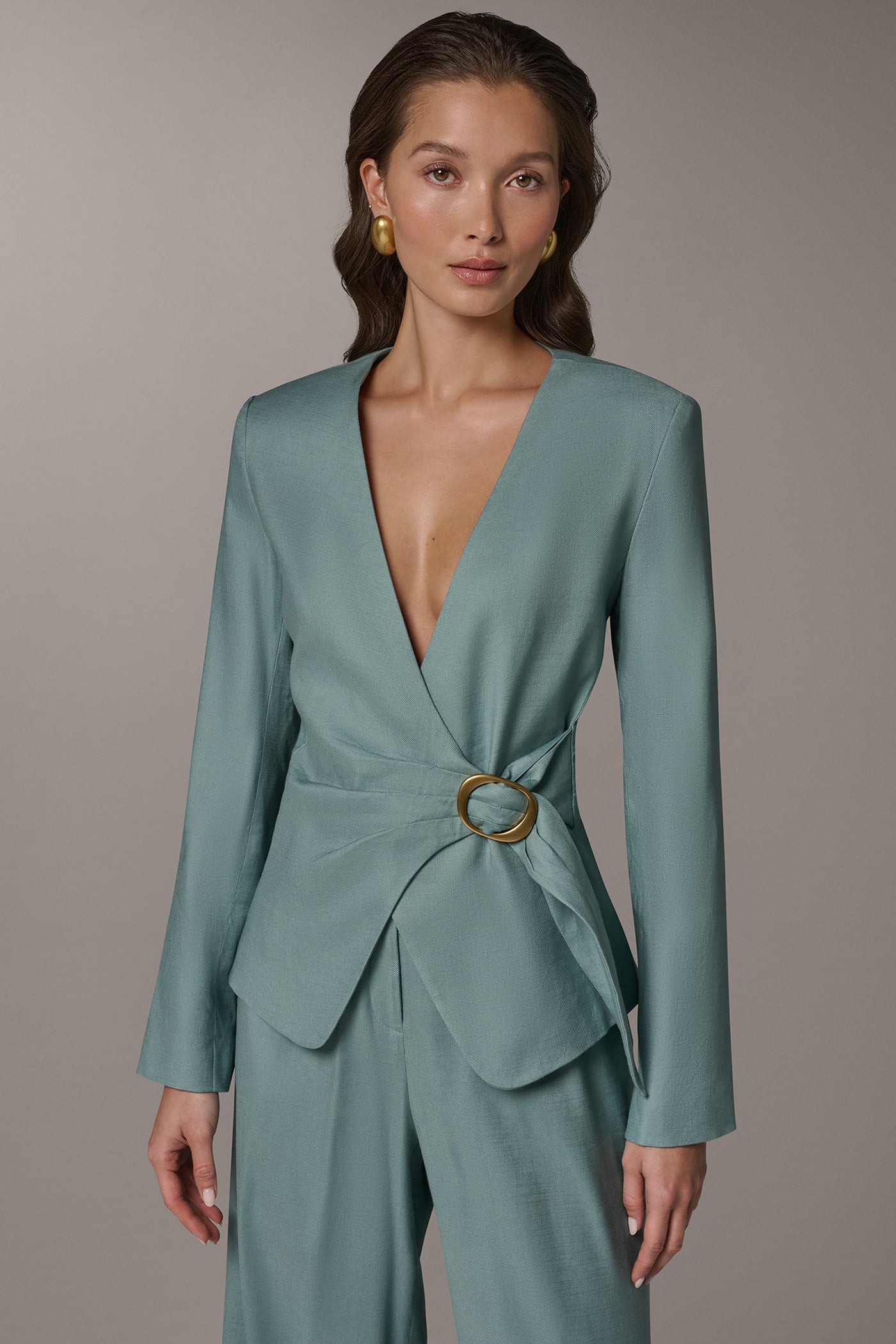 LINEN-BLEND WRAP-EFFECT BUCKLE JACKET | View 1 | New clothing