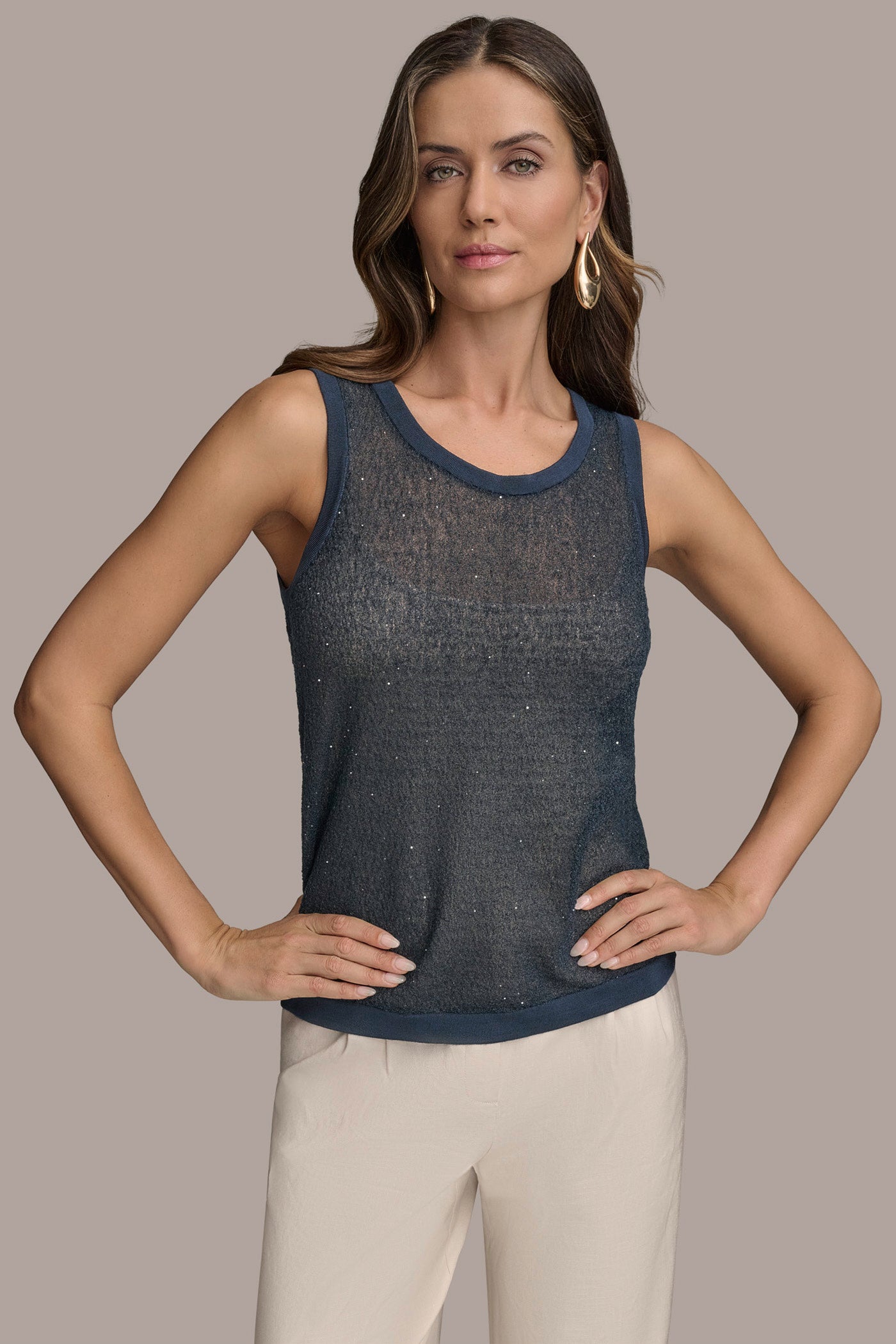 SEQUINED CROCHET KNIT SHELL | View 1 | Tops