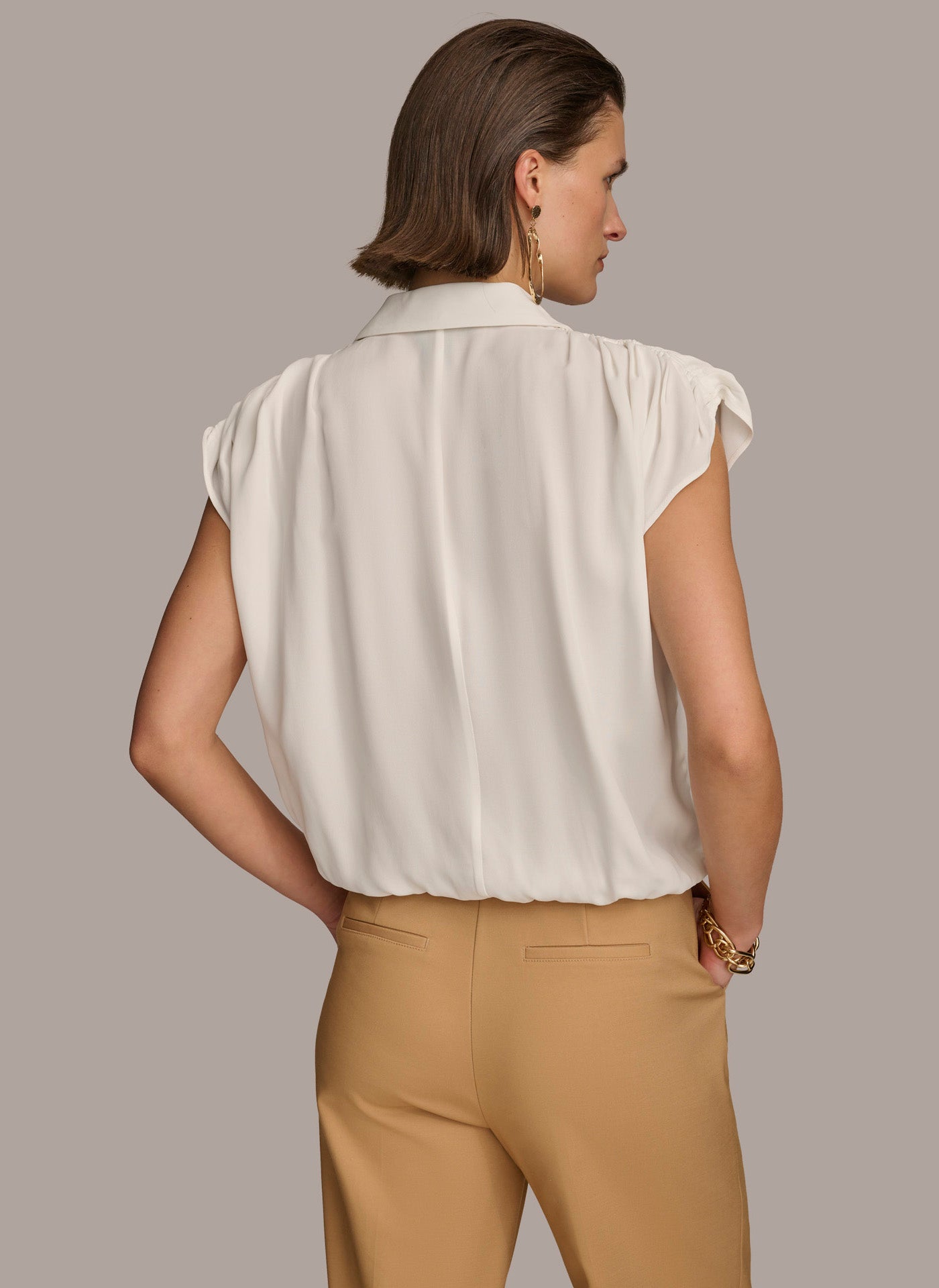 DONNA KARAN Womens White 3/4 Sleeve Bib Neck Wear To Work Top main image 1