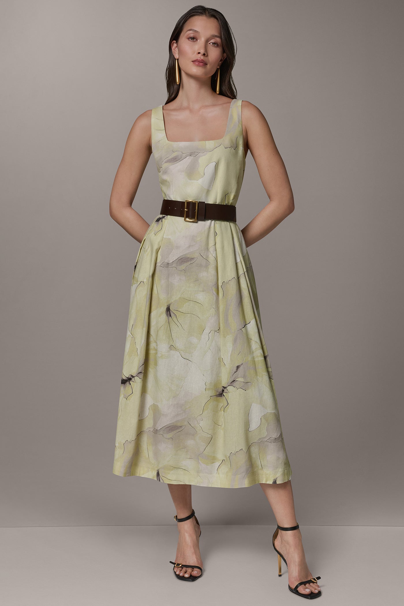 SLEEVELESS SQUARE NECK PRINTED BELTED MIDI FIT AND FLARE DRESS | View 1 | Select Dresses