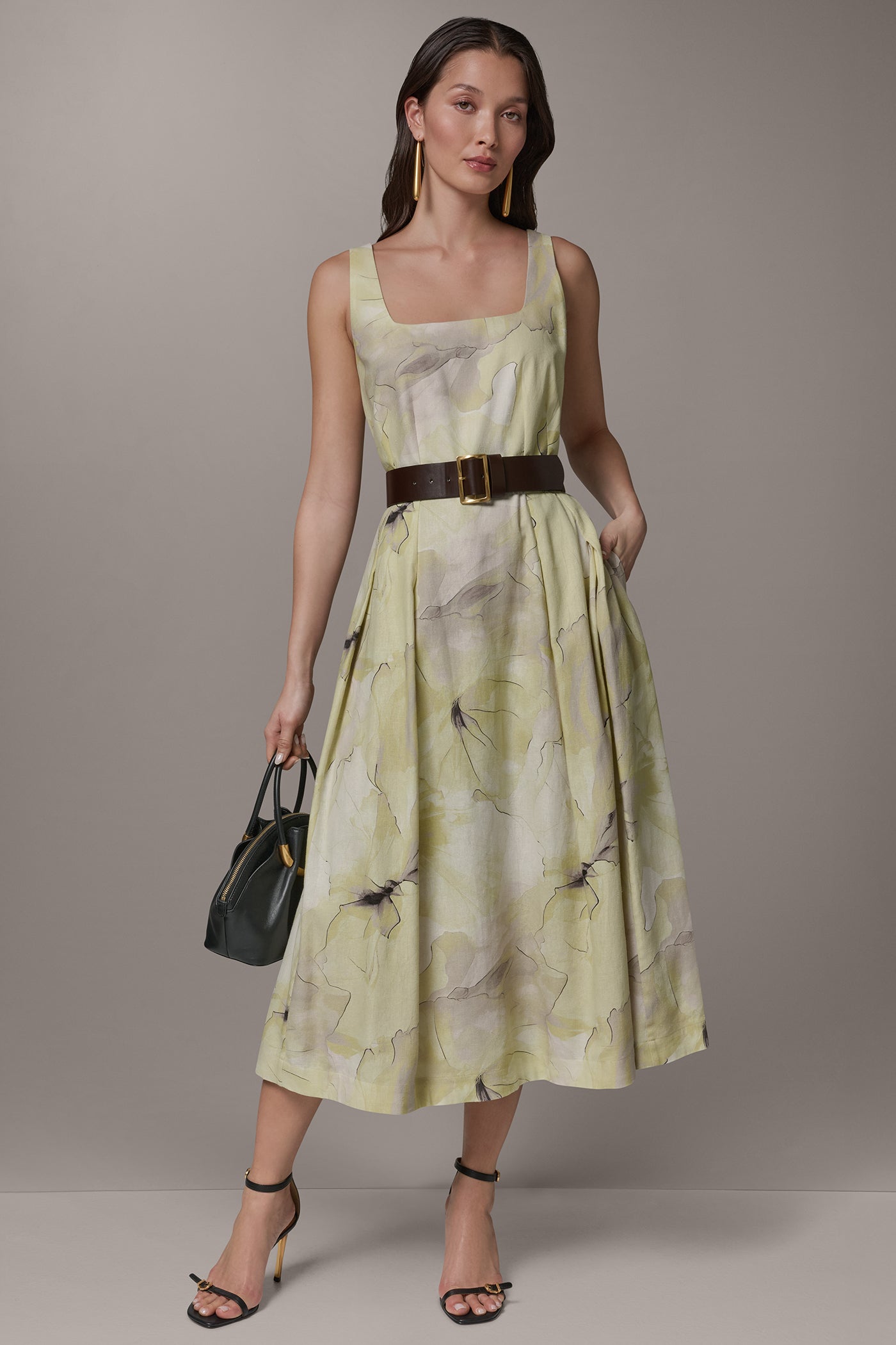 SLEEVELESS SQUARE NECK PRINTED BELTED MIDI FIT AND FLARE DRESS VIEW 9 | Select Dresses