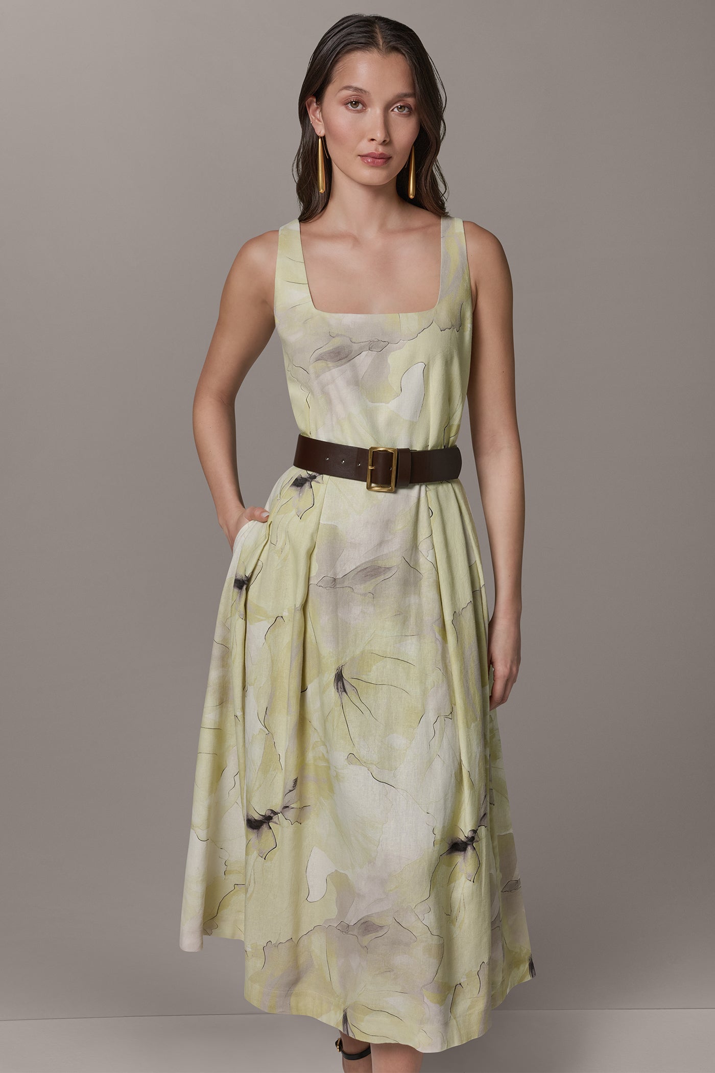 SLEEVELESS SQUARE NECK PRINTED BELTED MIDI FIT AND FLARE DRESS | View 2 | Select Dresses