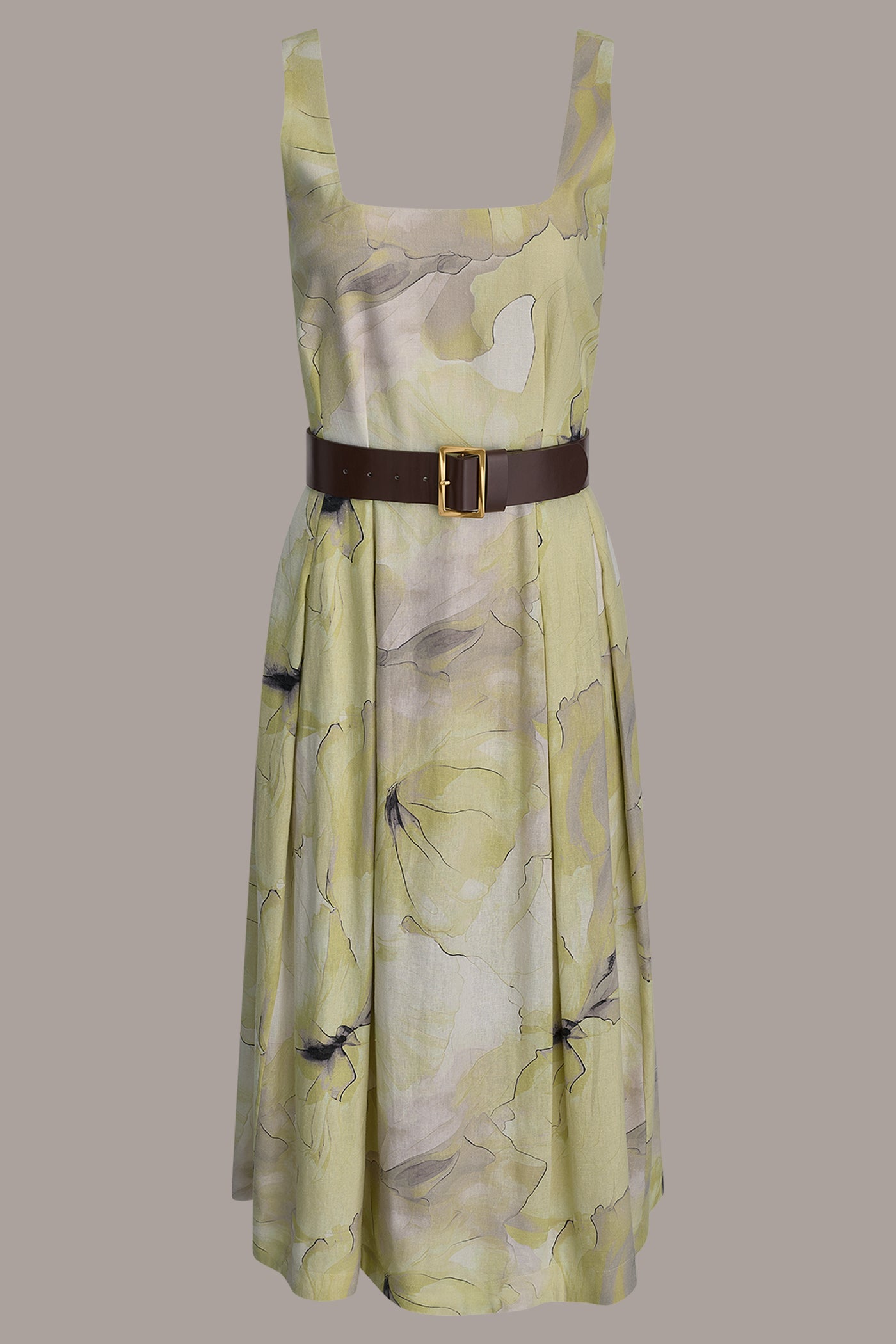 donna karan women's belted sleeveless fit & flare midi dress Donna Karan Women's Sleeveless Square Neck Printed Belted Midi Fit And Flare Dress in Canyon Multi Brown, Size 10