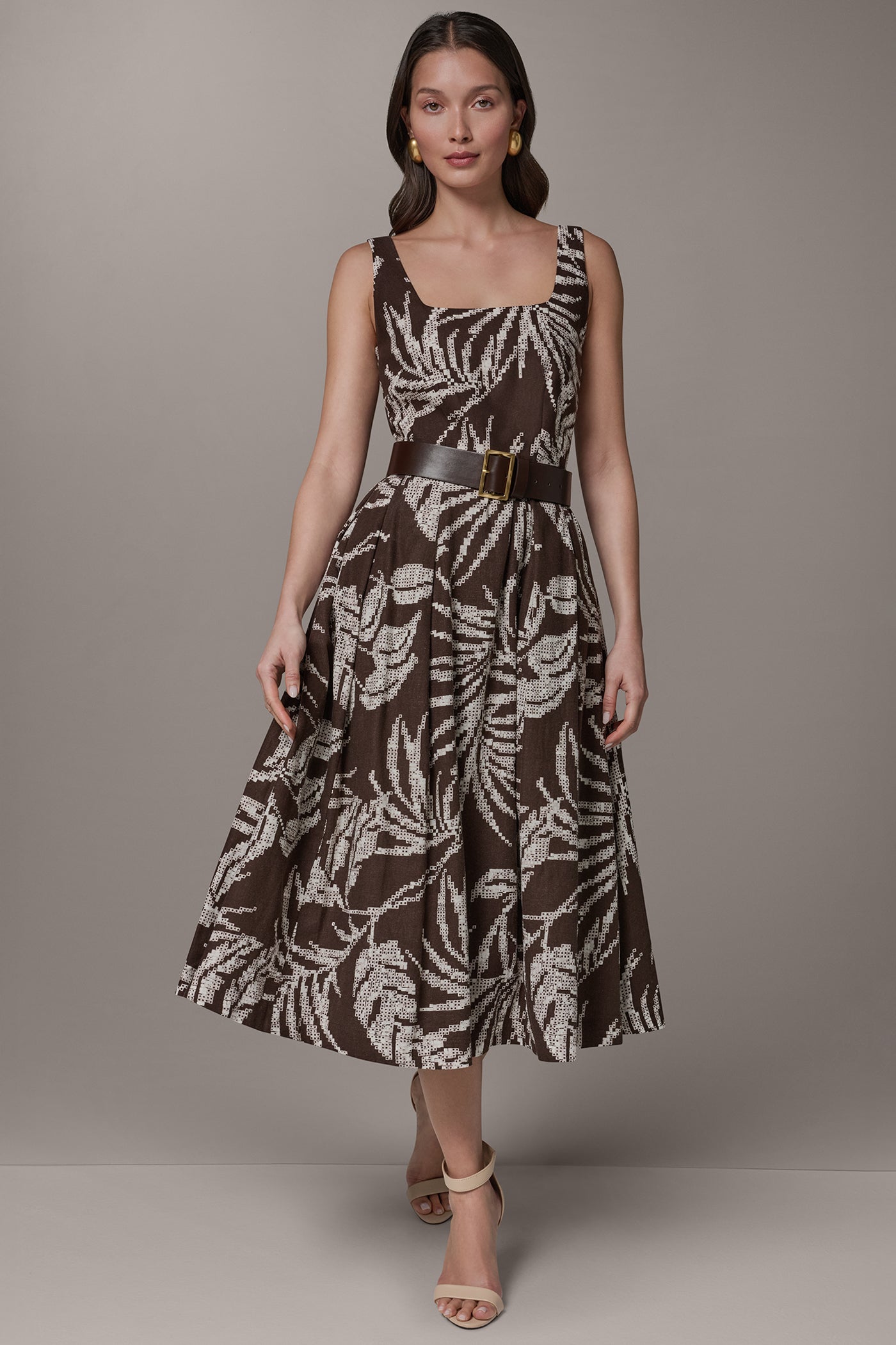 SLEEVELESS SQUARE NECK PRINTED BELTED MIDI FIT AND FLARE DRESS | View 1 | Select Dresses