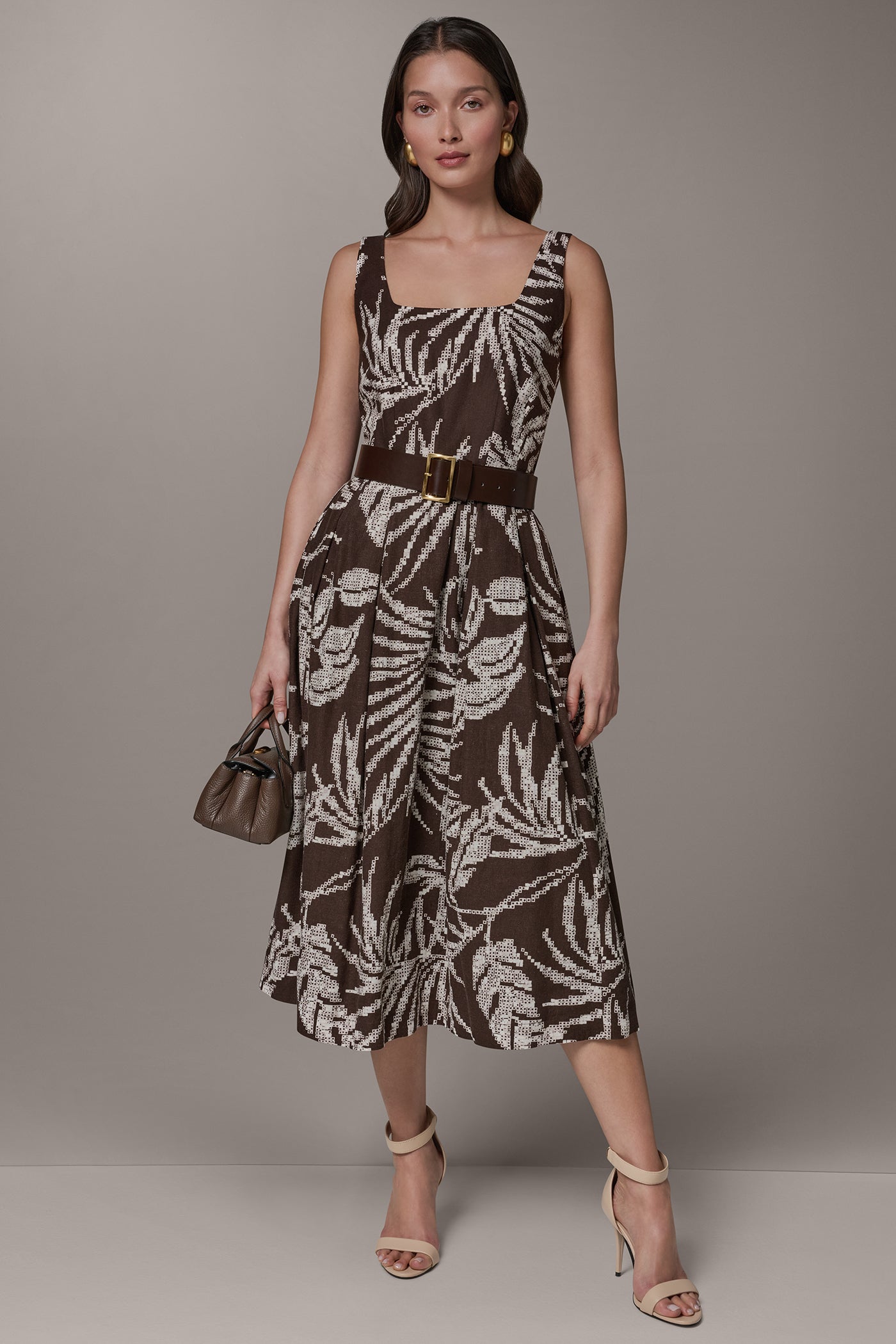 SLEEVELESS SQUARE NECK PRINTED BELTED MIDI FIT AND FLARE DRESS VIEW 9 | Select Dresses