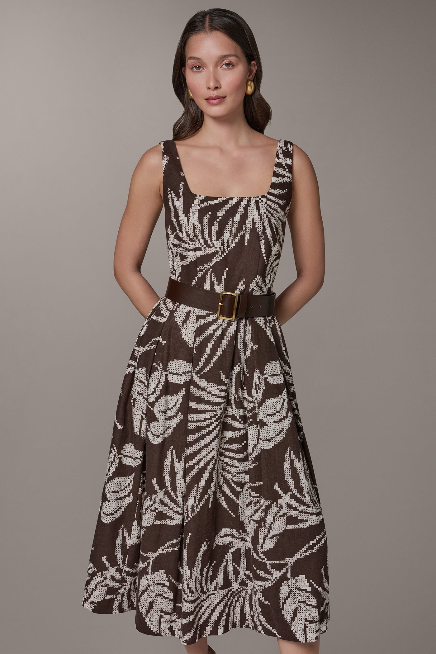 SLEEVELESS SQUARE NECK PRINTED BELTED MIDI FIT AND FLARE DRESS VIEW 8 | Select Dresses