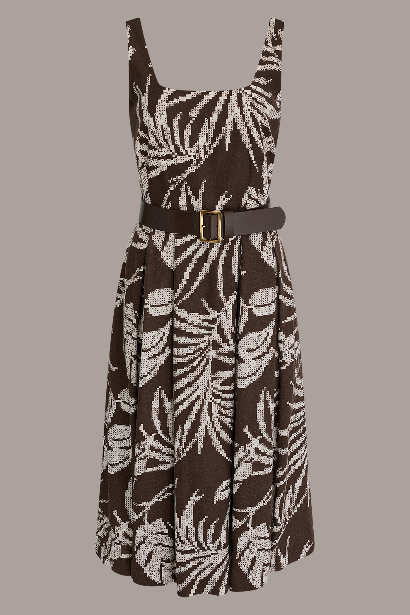 SLEEVELESS SQUARE NECK PRINTED BELTED MIDI FIT AND FLARE DRESS VIEW 10 | Select Dresses