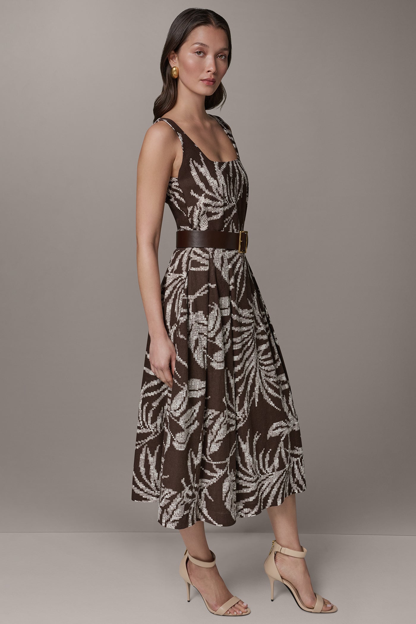Donna Karan Women's Sleeveless Square Neck Printed Belted Midi Fit And Flare Dress in Canyon Multi Donna Karan Women's Sleeveless Square Neck Printed Belted Midi Fit And Flare Dress in Canyon Multi