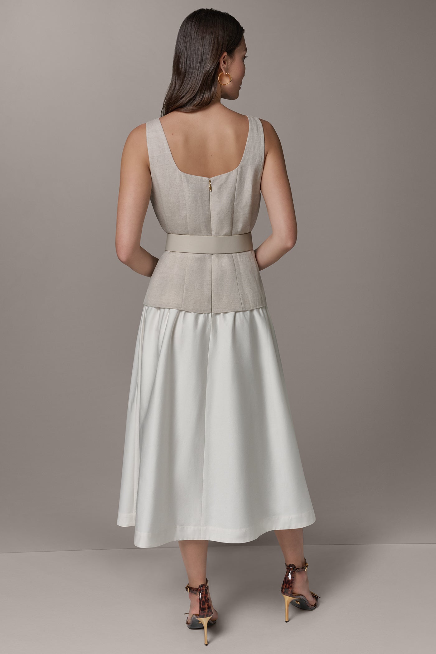 Donna Karan Women's Sleeveless Midi Fit And Flare Dress in Natural Combo Donna Karan Women's Sleeveless Midi Fit And Flare Dress in Natural Combo