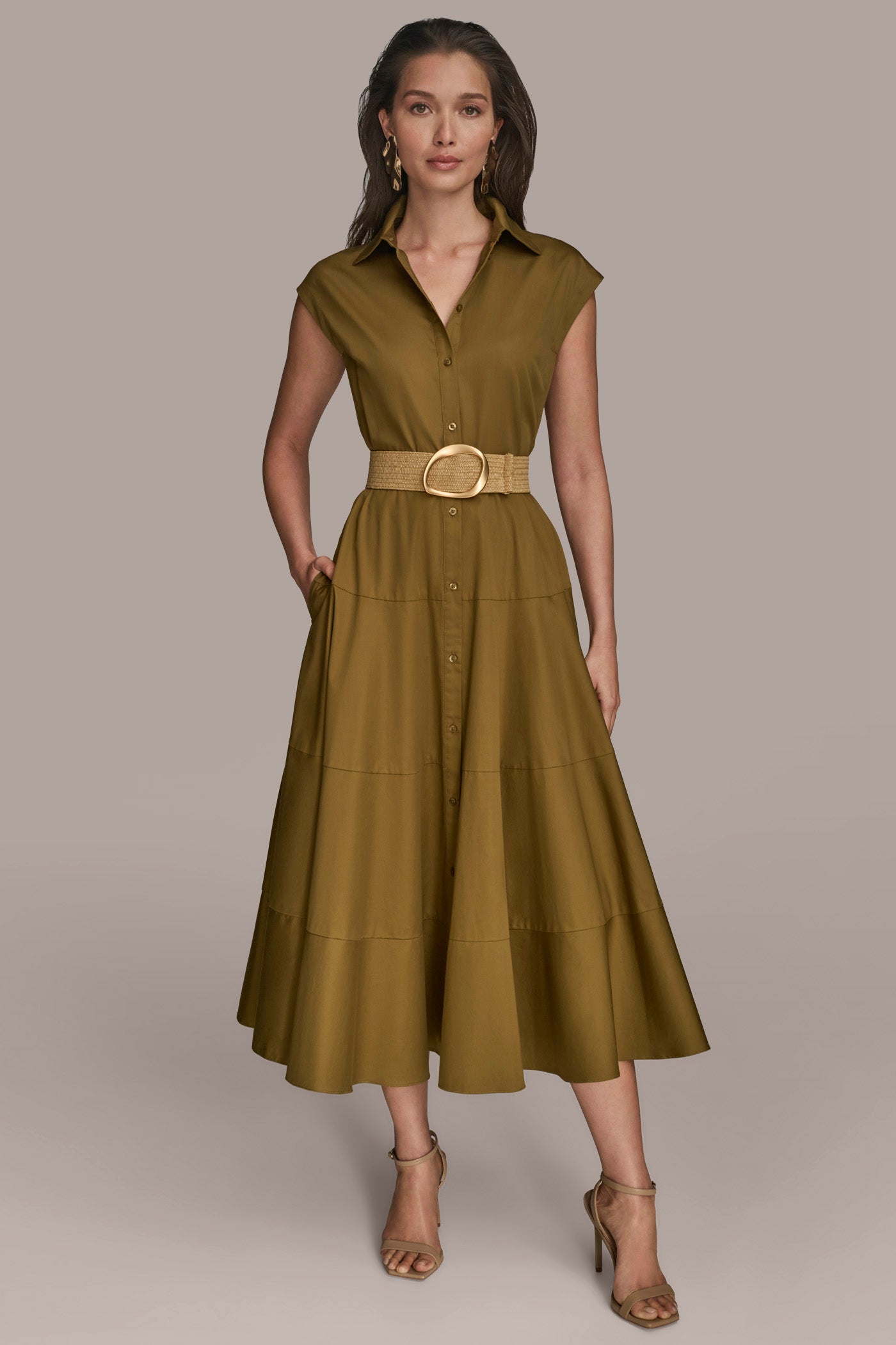BELTED TIERED MIDI SHIRT DRESS | View 1 | Dresses & Jumpsuits