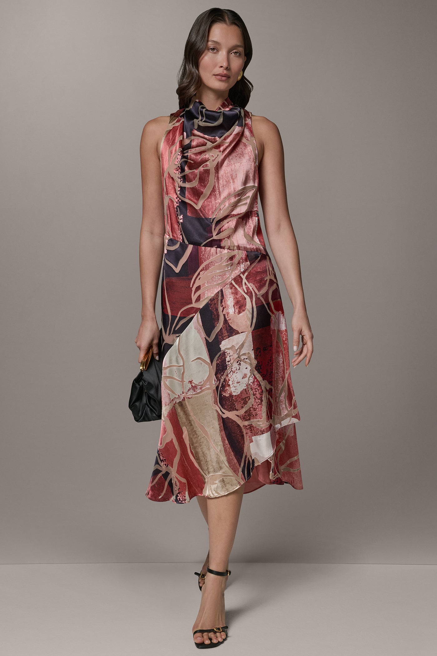 SLEEVELESS COWL NECK MIDI A-LINE DRESS