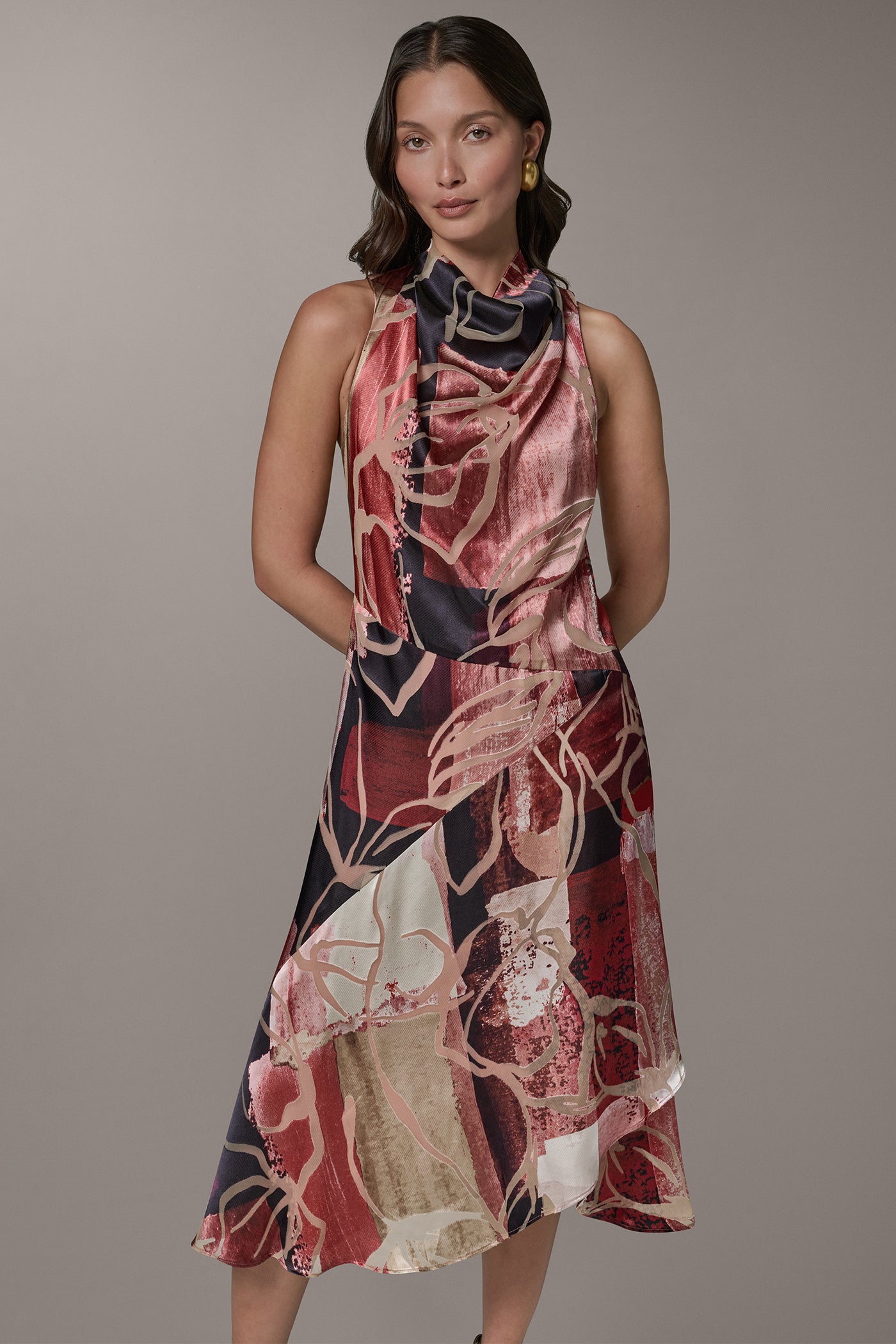 SLEEVELESS COWL NECK MIDI A-LINE DRESS VIEW 8 | Cocktail & Party