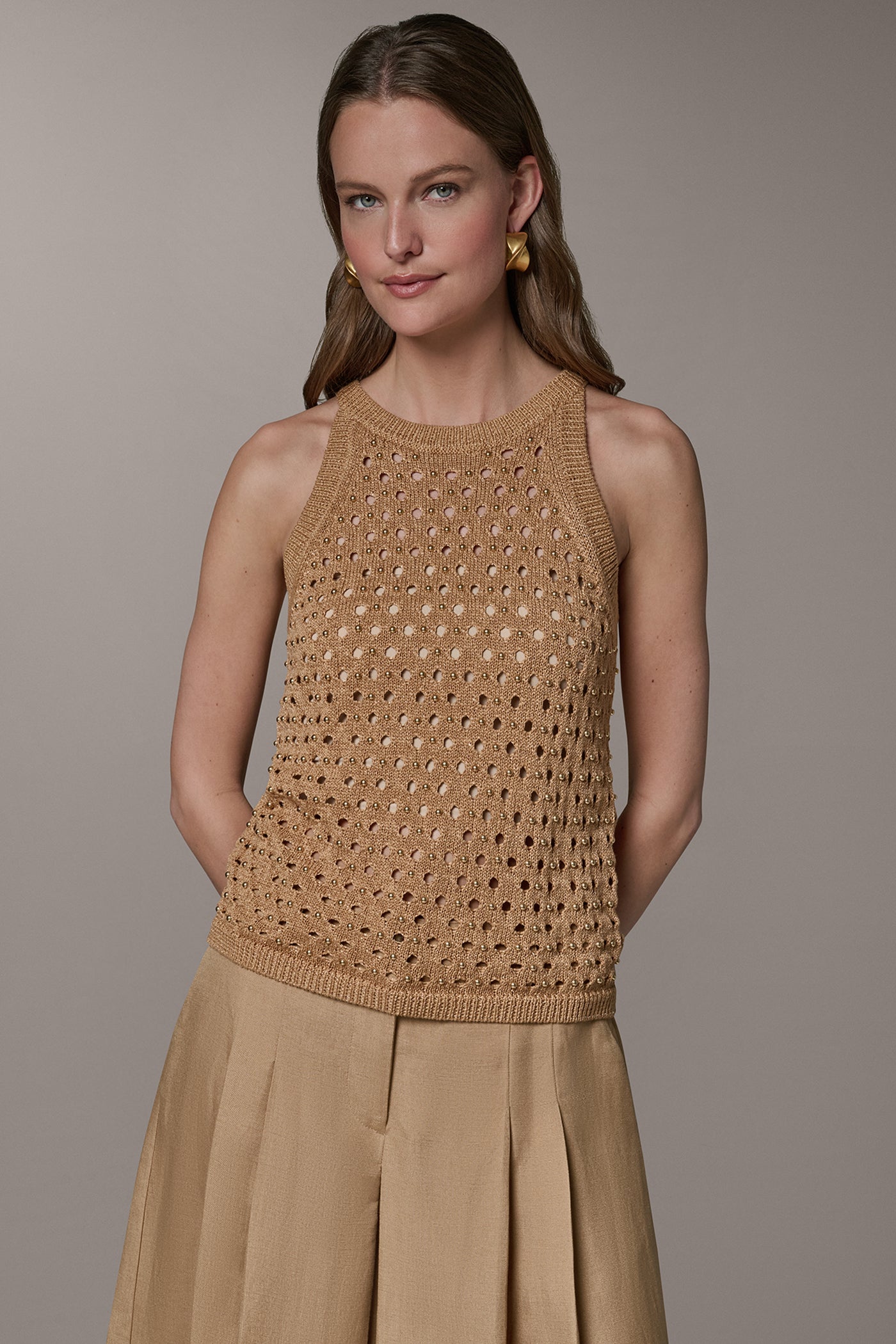 OPEN-STITCH HALTER SWEATER TANK | View 1 | Tops