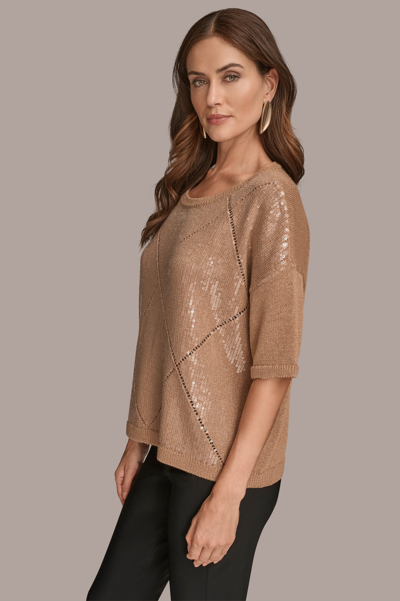 SEQUIN-PANELED DIAMOND STITCH SWEATER VIEW 3 | New Arrivals