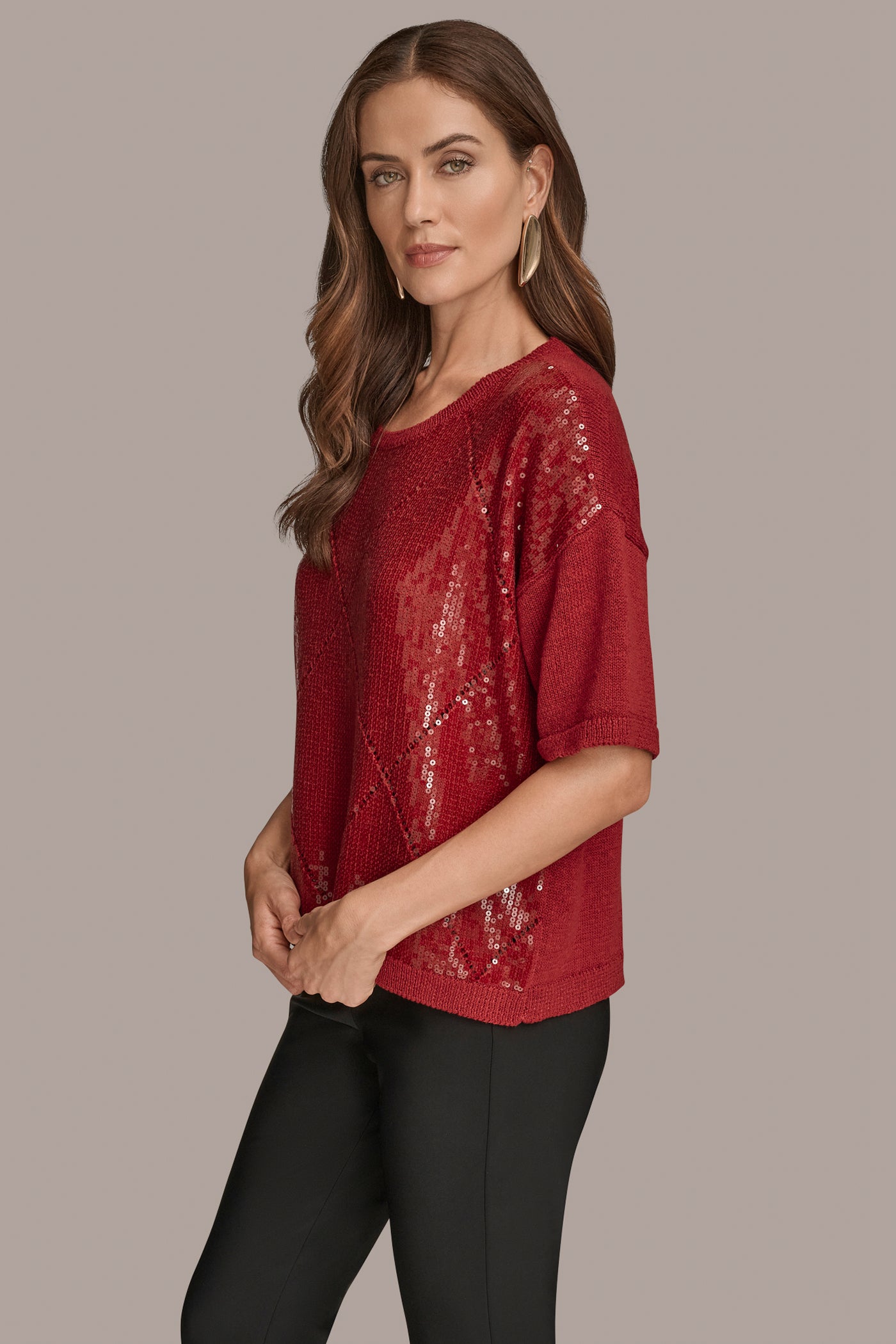 SEQUIN-PANELED DIAMOND STITCH SWEATER VIEW 3 | New Arrivals