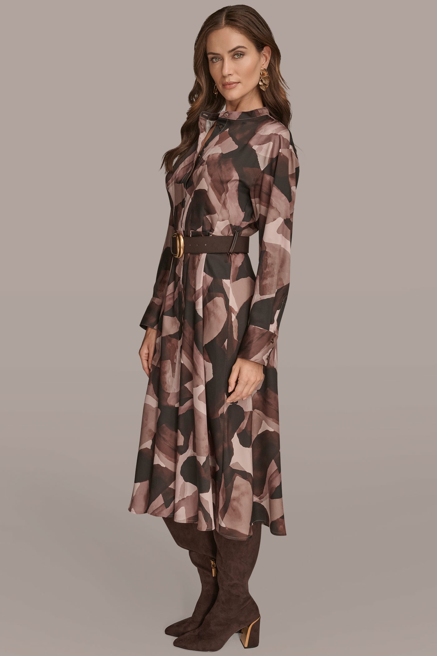 BELTED COLLARLESS MIDI SHIRT DRESS VIEW 3 | Dresses & Jumpsuits
