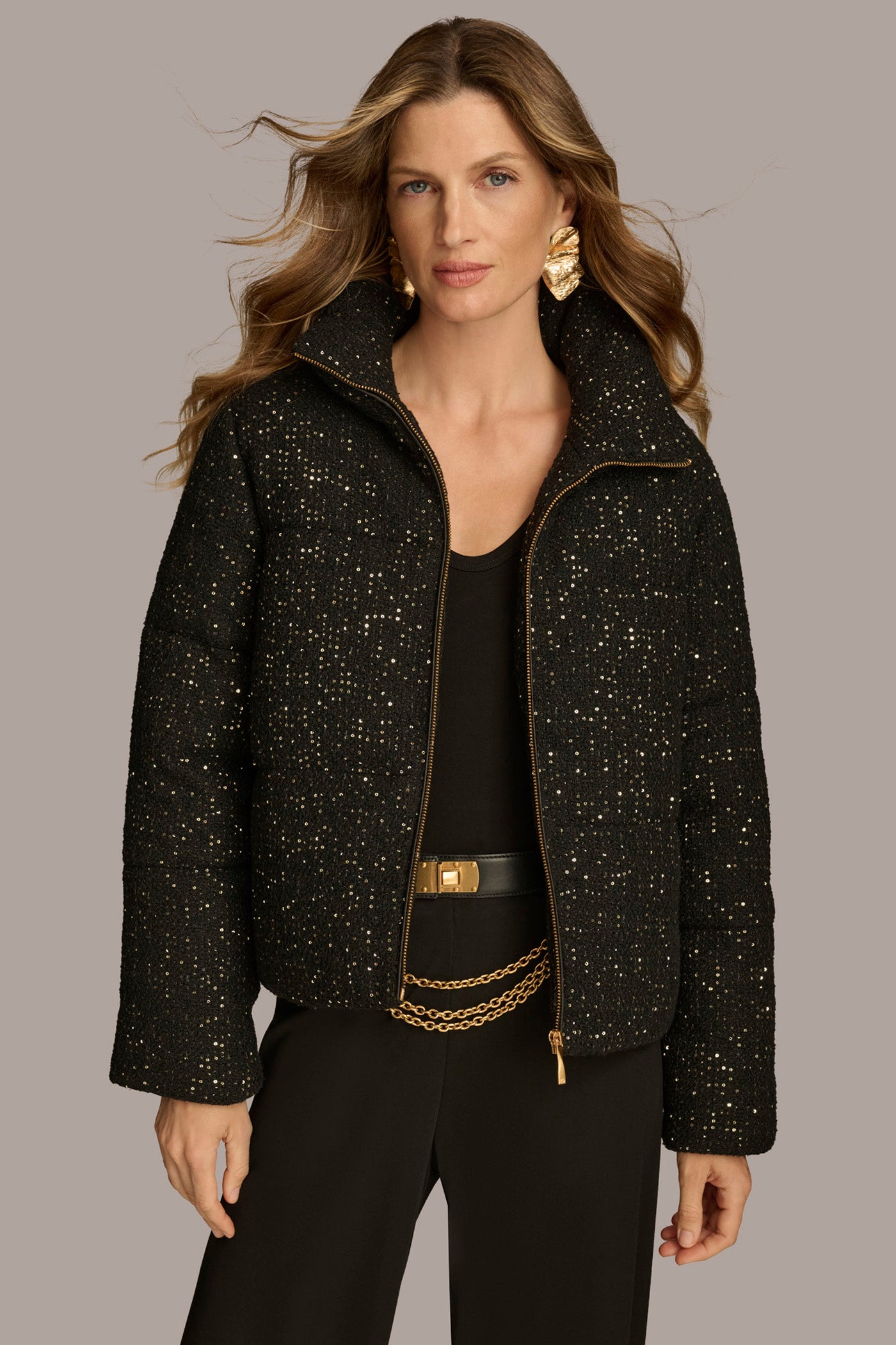 Zip Front Puffr With Sequins | Short Puffer | Donna Karan