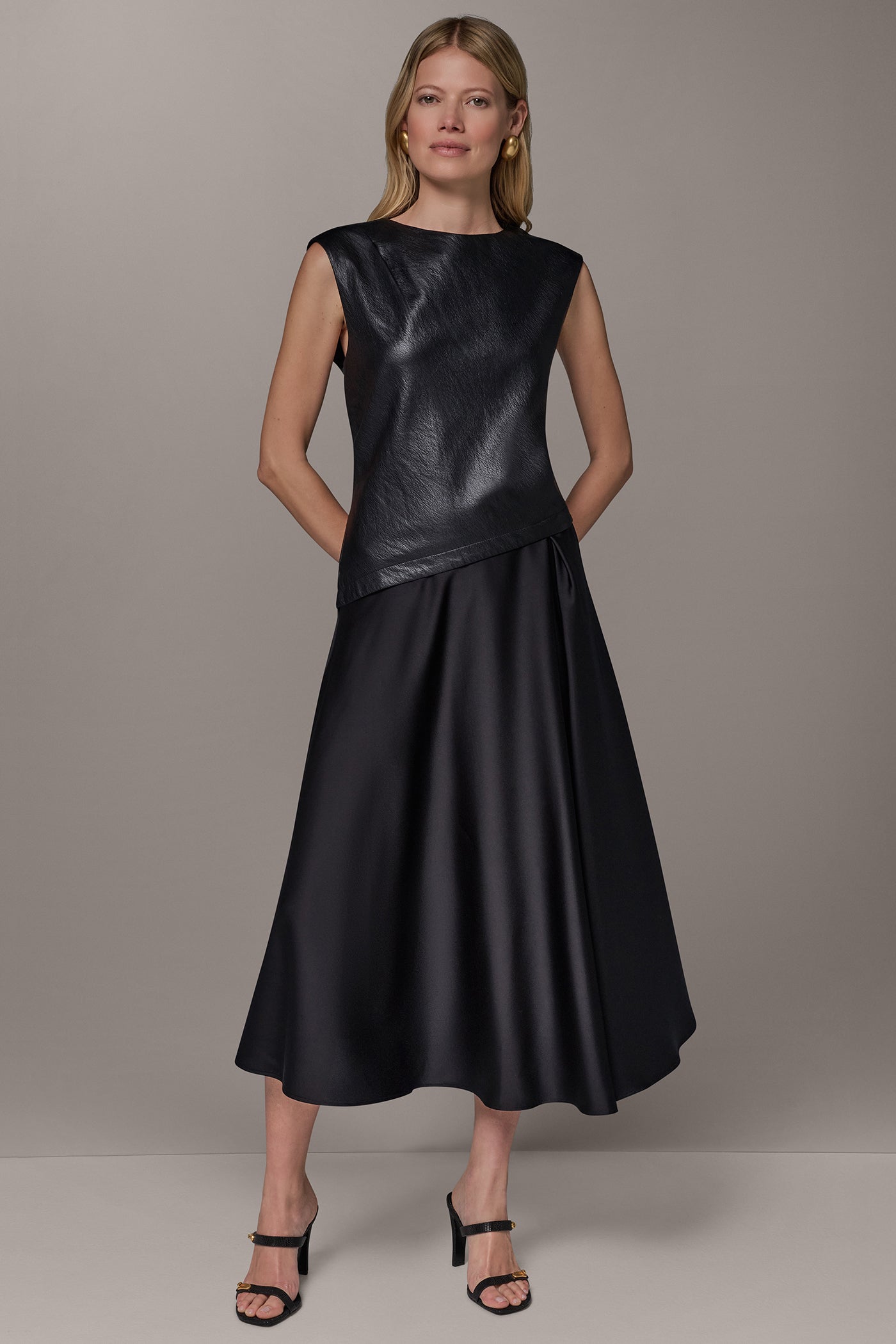 Donna Karan Women's Angle Waist Mixed Media Midi Dress in Black, Size 10