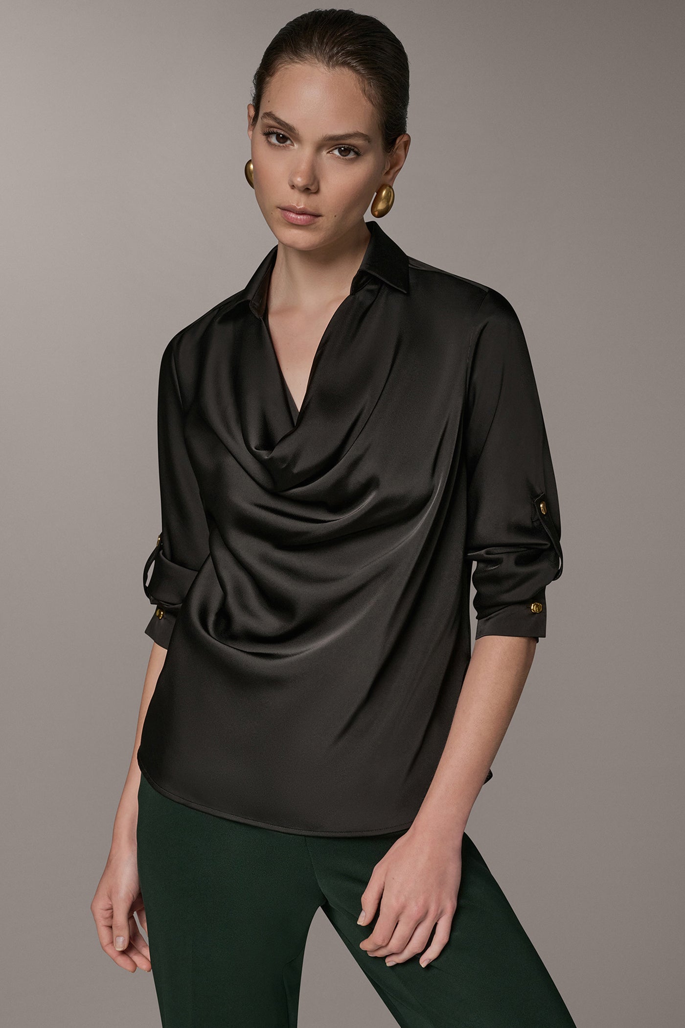 ROLL SLEEVE COWL NECK BLOUSE