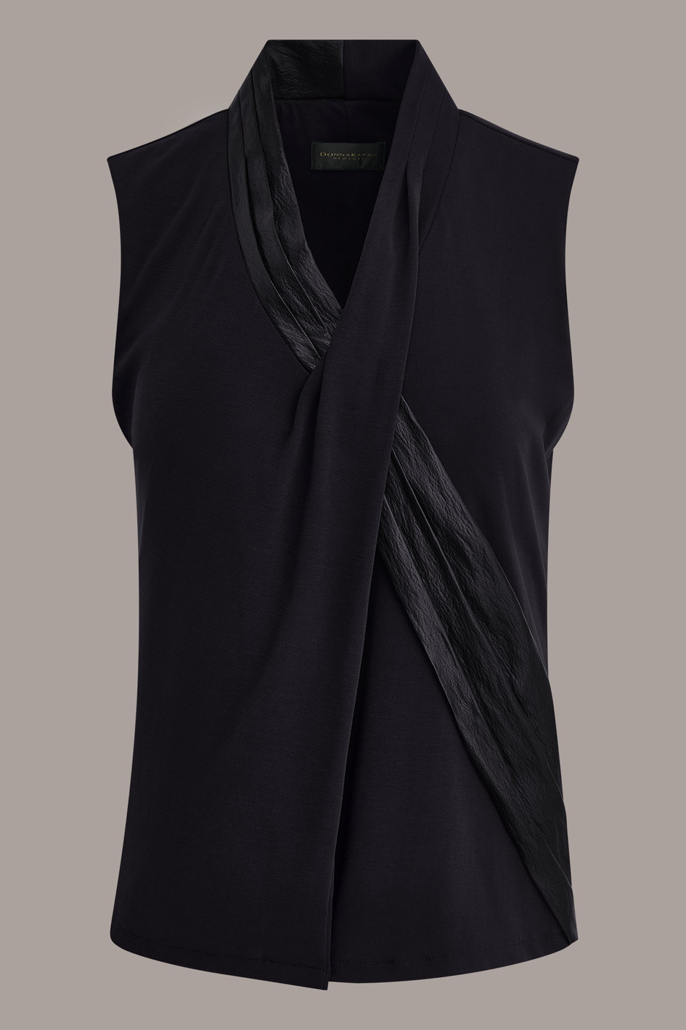 SLEEVELESS CROSSOVER MIXED MEDIA BLOUSE VIEW 8
