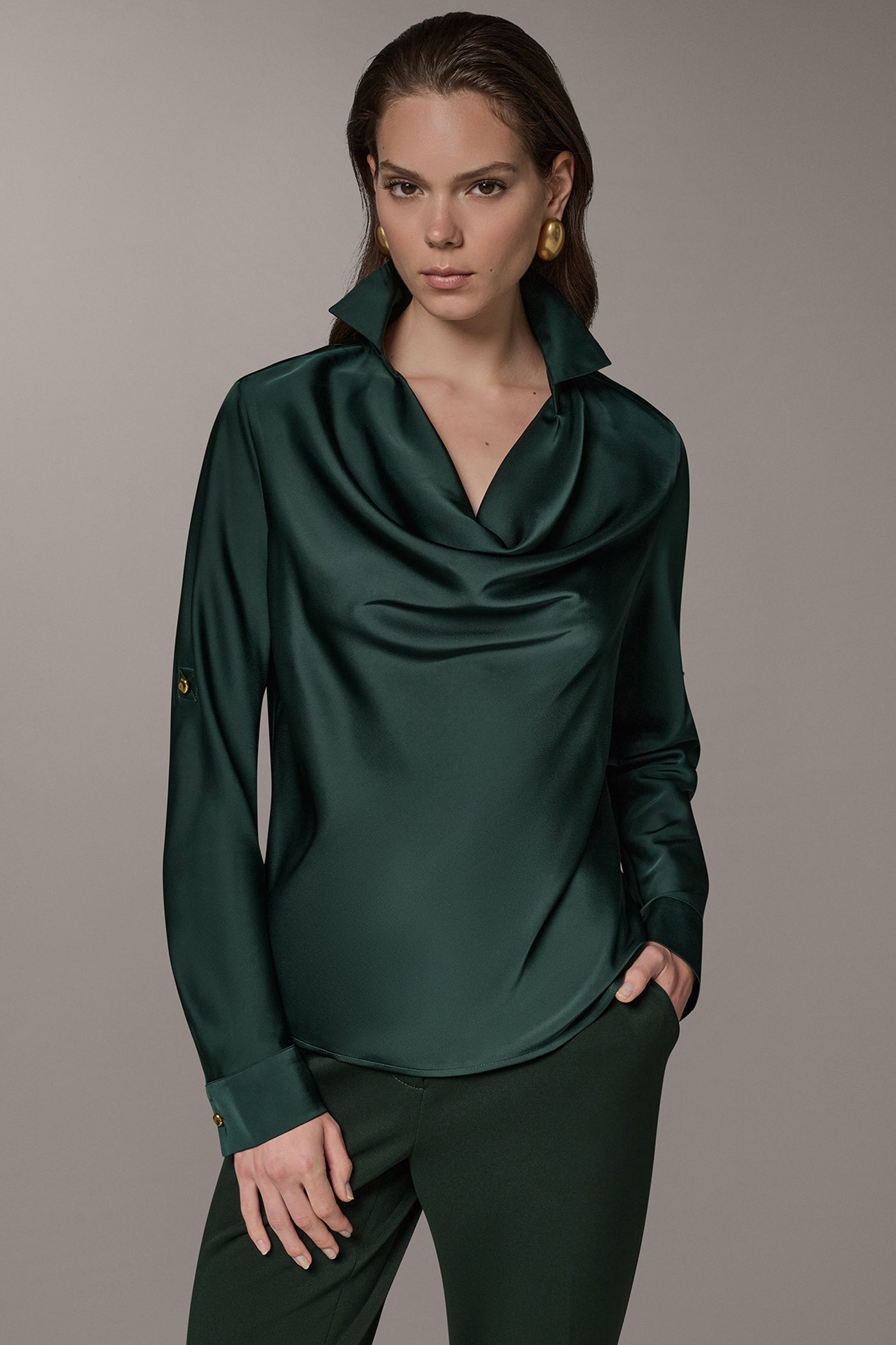 ROLL SLEEVE COWL NECK BLOUSE