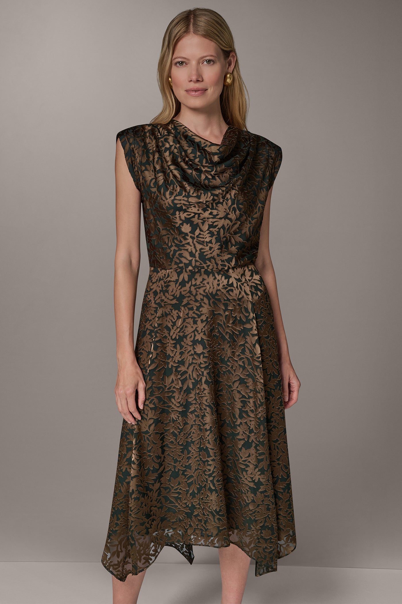 Donna Karan Women's Cowl Neck Burnout Midi Dress in Black Forest Multi Green, Size 6