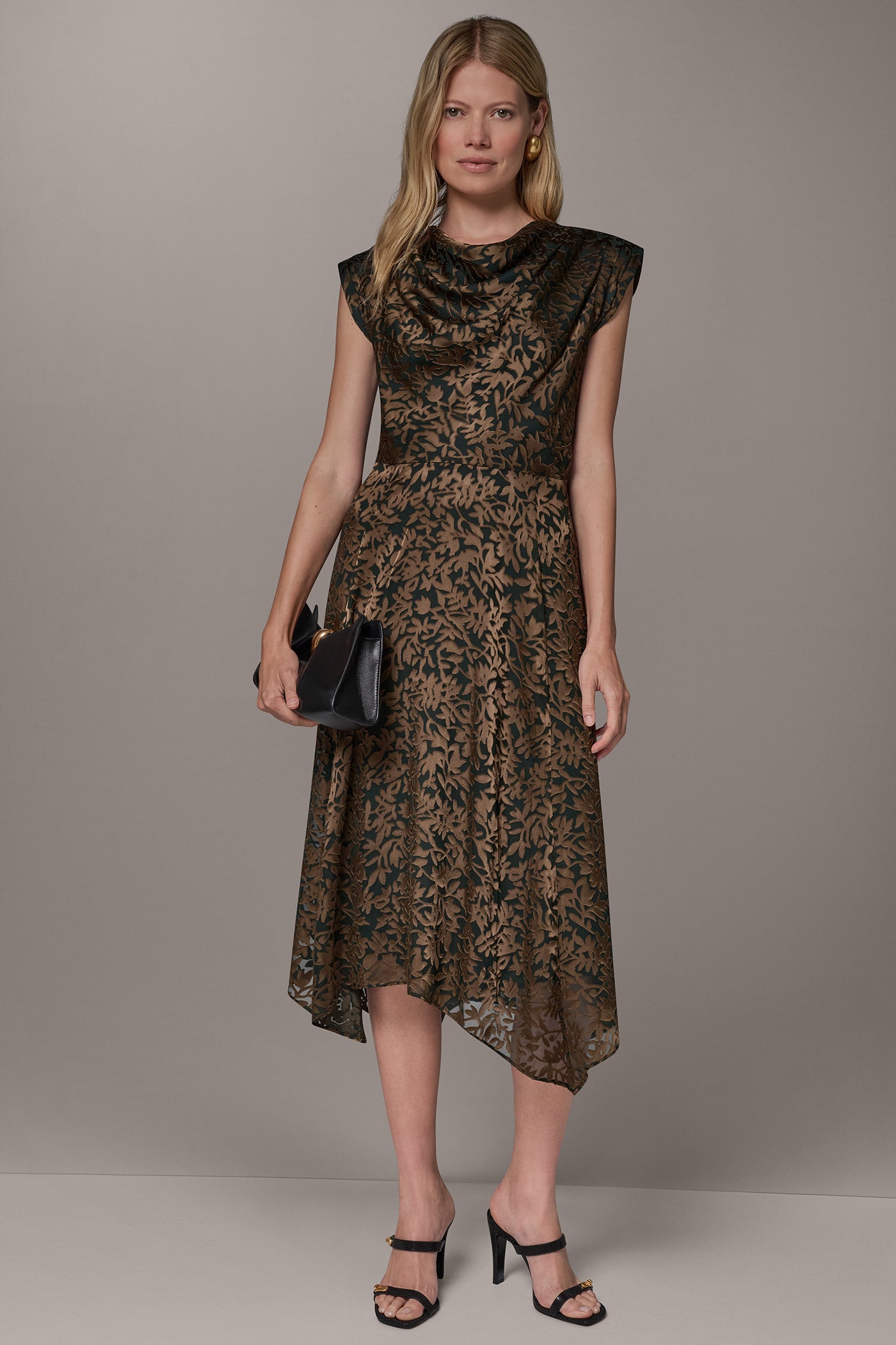 Donna Karan Women's Cowl Neck Burnout Midi Dress in Black Forest Multi Green, Size 6