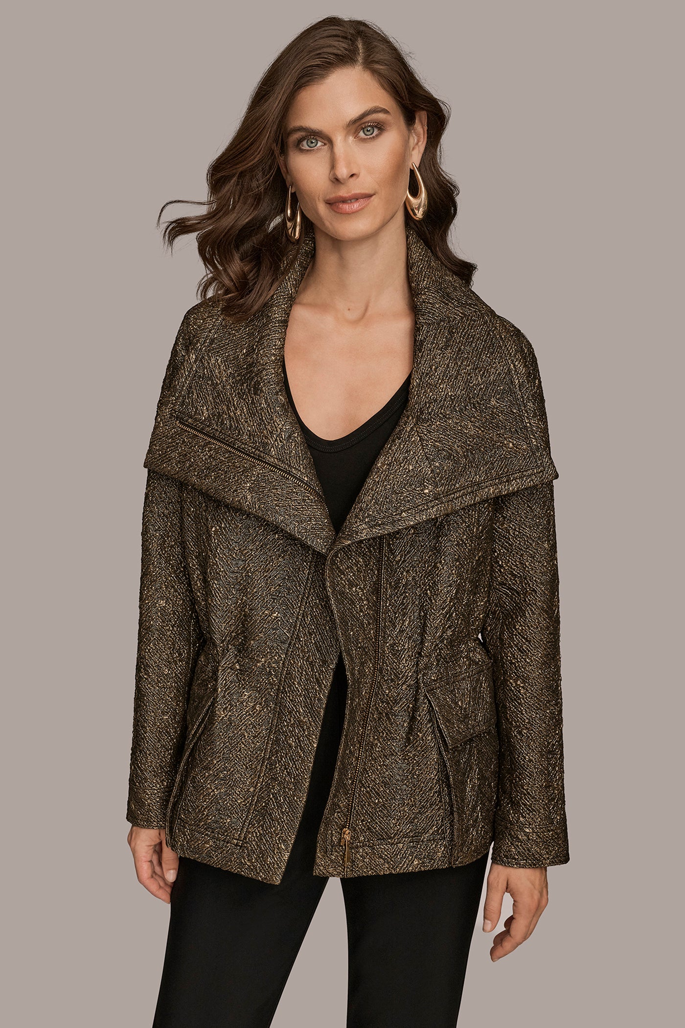 METALLIC HERRINGBONE JACQUARD JACKET | View 1 | Blazers & Vests