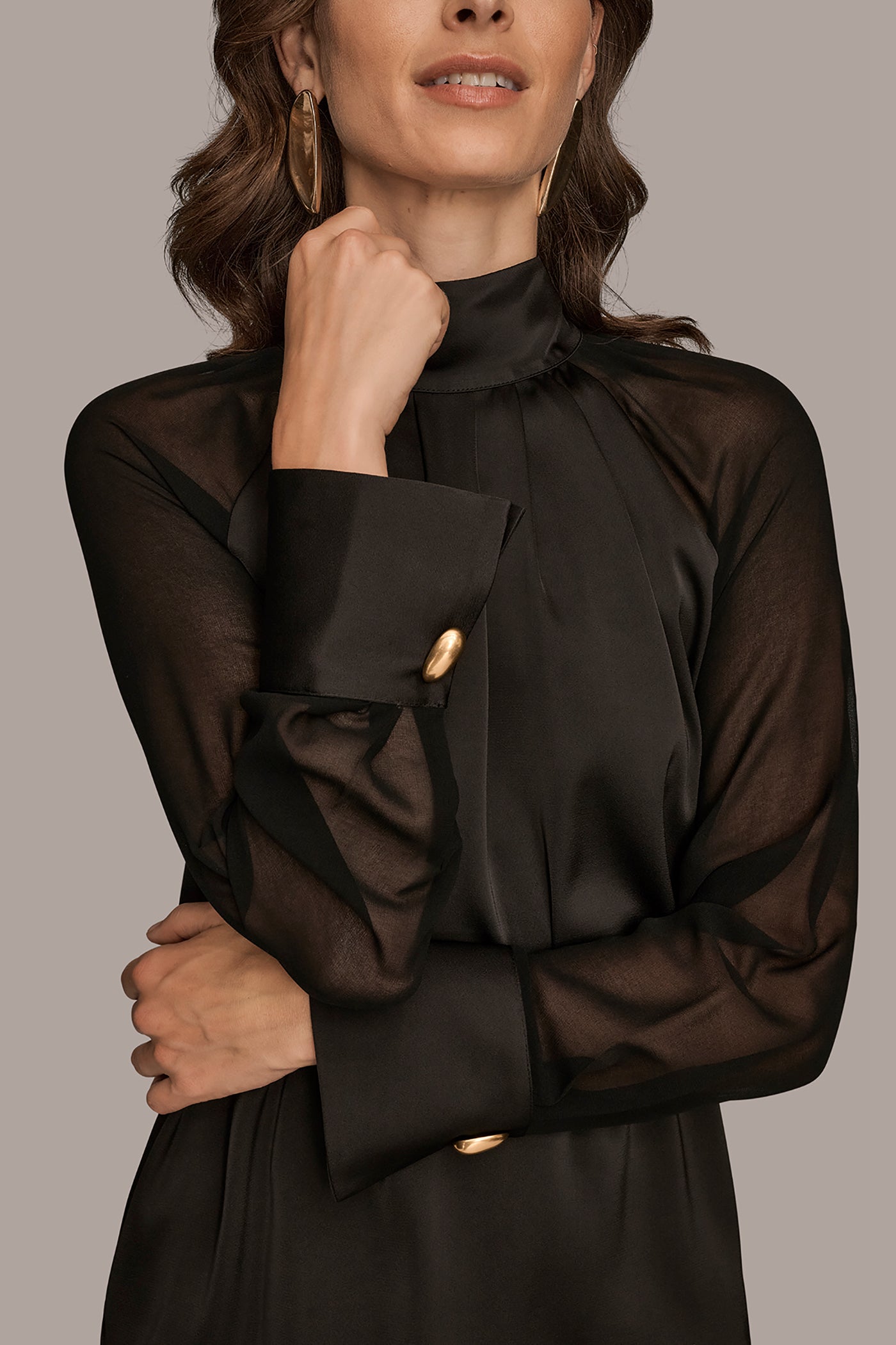CHIFFON-PANELED MOCK-NECK SATIN-CREPE BLOUSE VIEW 6 | Tops
