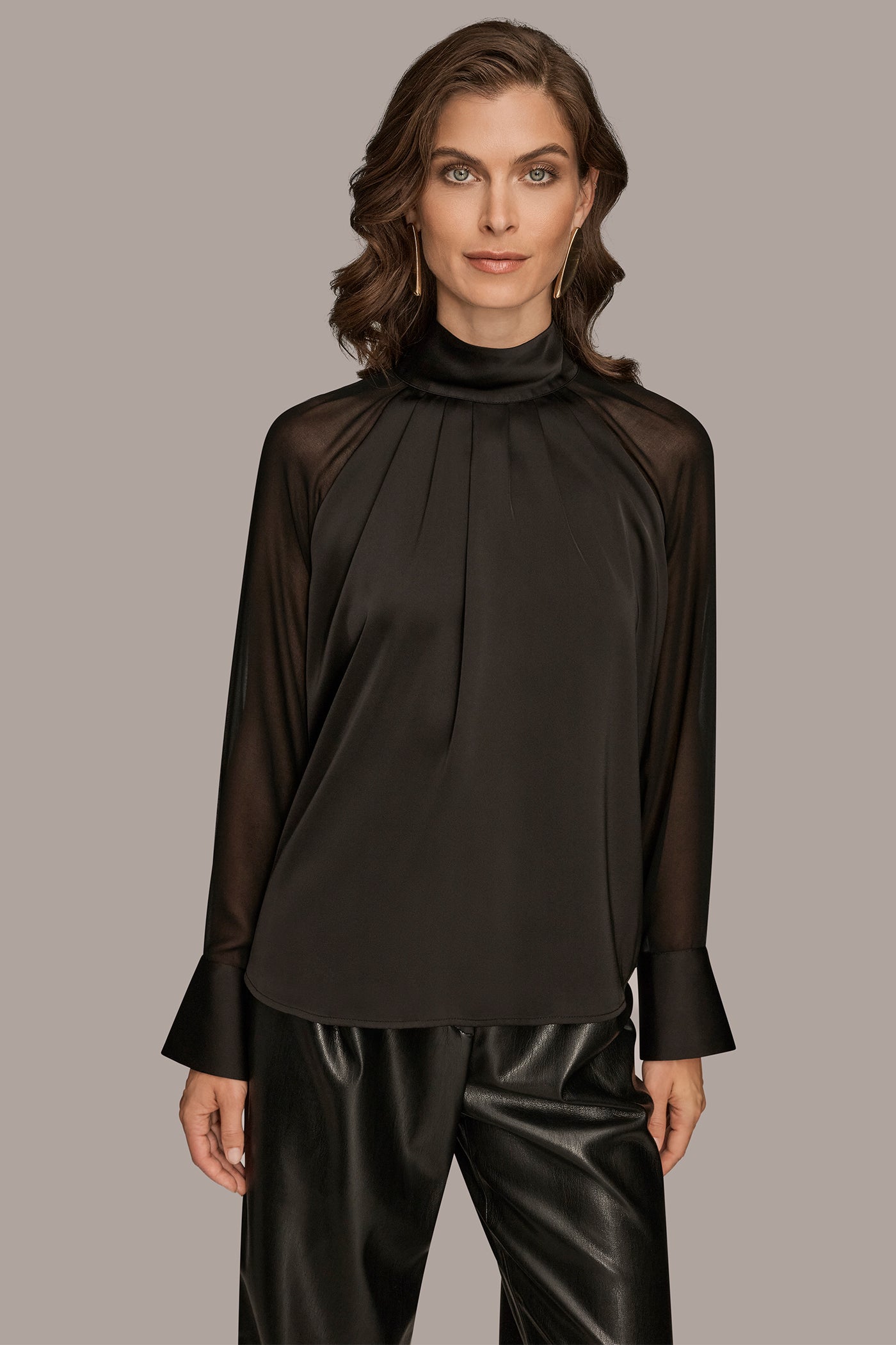 CHIFFON-PANELED MOCK-NECK SATIN-CREPE BLOUSE | View 1 | Tops