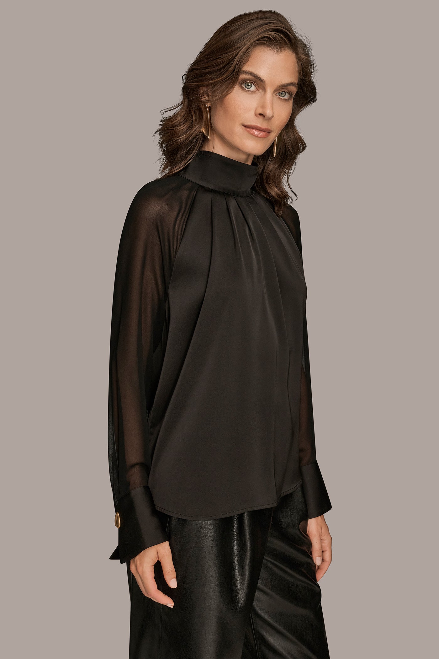 CHIFFON-PANELED MOCK-NECK SATIN-CREPE BLOUSE VIEW 3 | Tops