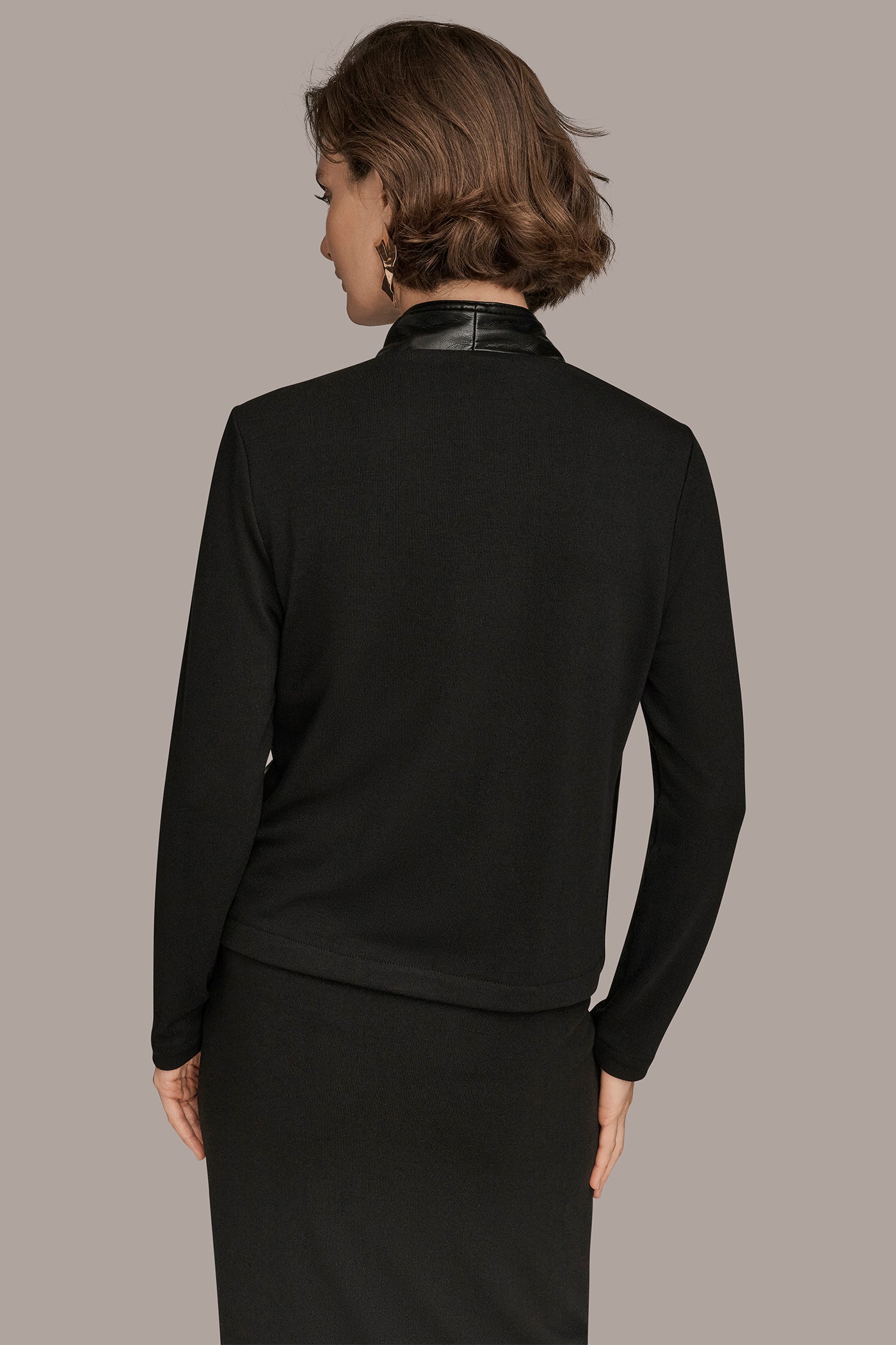 FAUX-LEATHER PANELED DRAPED OPEN-FRONT JACKET | View 2 | Blazers & Vests