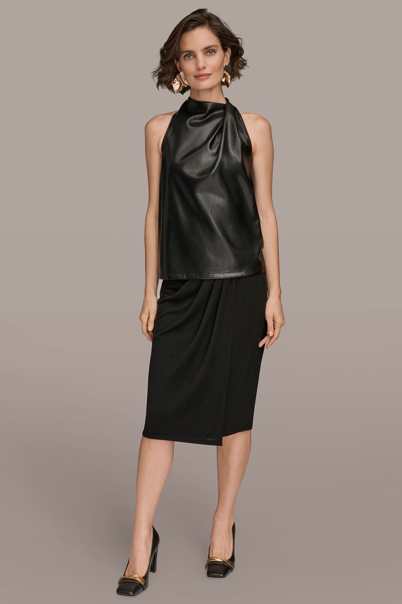 GATHERED FAUX LEATHER-PANELED BLOUSE VIEW 4 | Tops