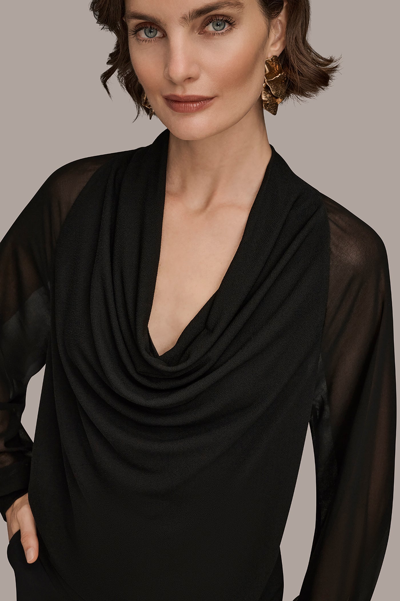 CHIFFON-PANELED COWL-NECK SATIN-CREPE BLOUSE VIEW 5 | Tops