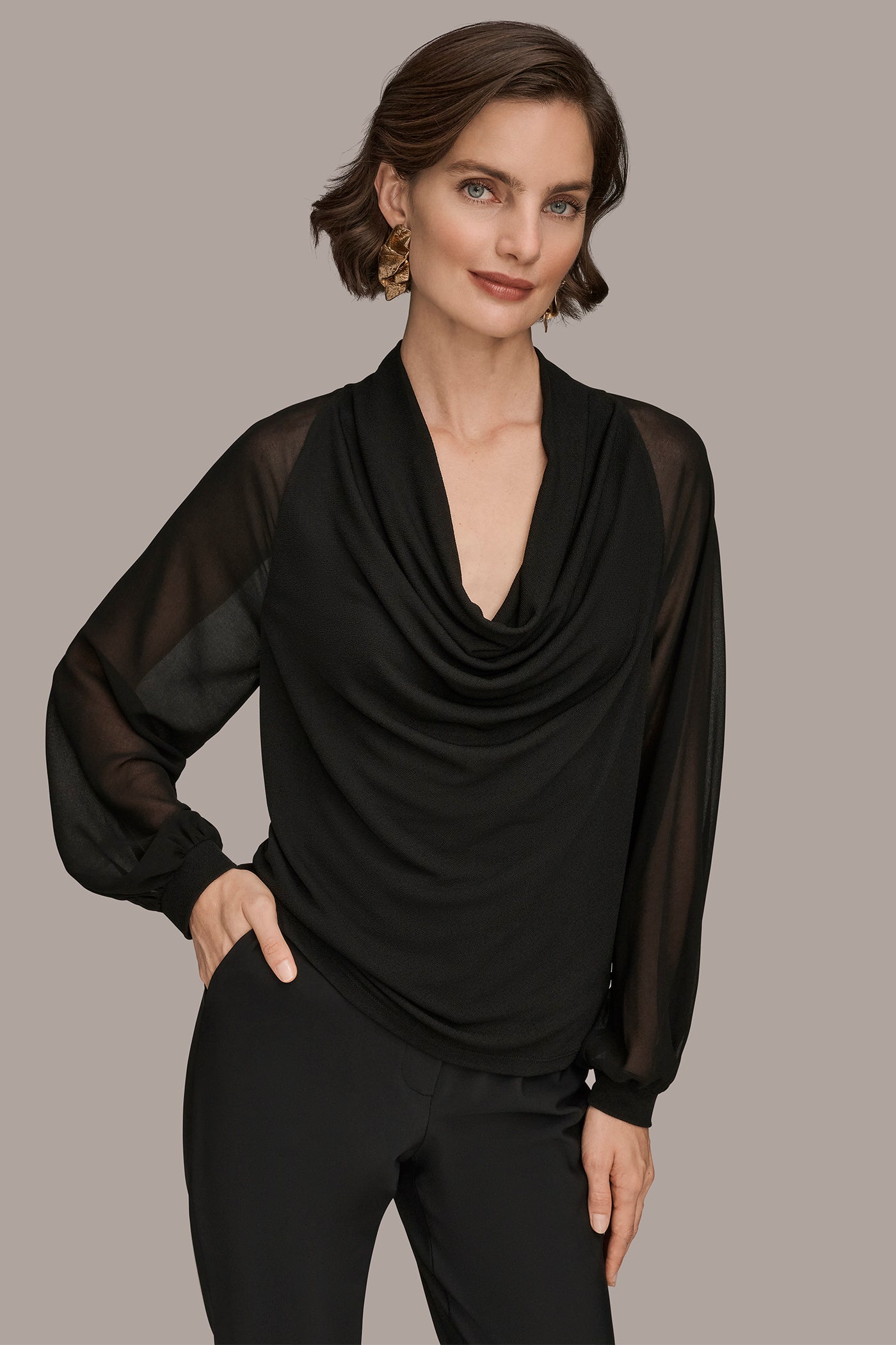 CHIFFON-PANELED COWL-NECK SATIN-CREPE BLOUSE | View 1 | Tops
